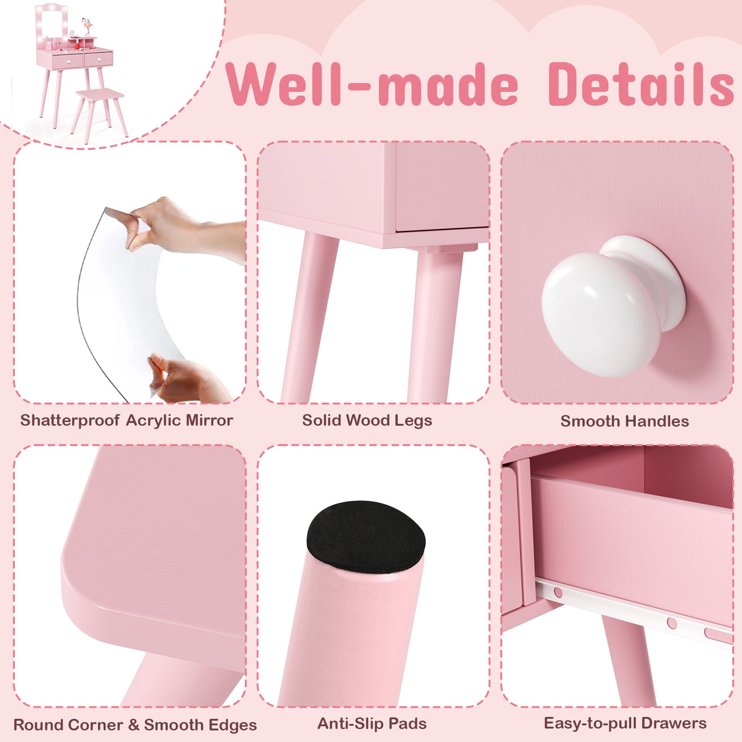 Arlopu Kids Vanity Table and Chair Set, Wooden Makeup Playset with Mirror & Lights, Ideal Princess Gift for Girls