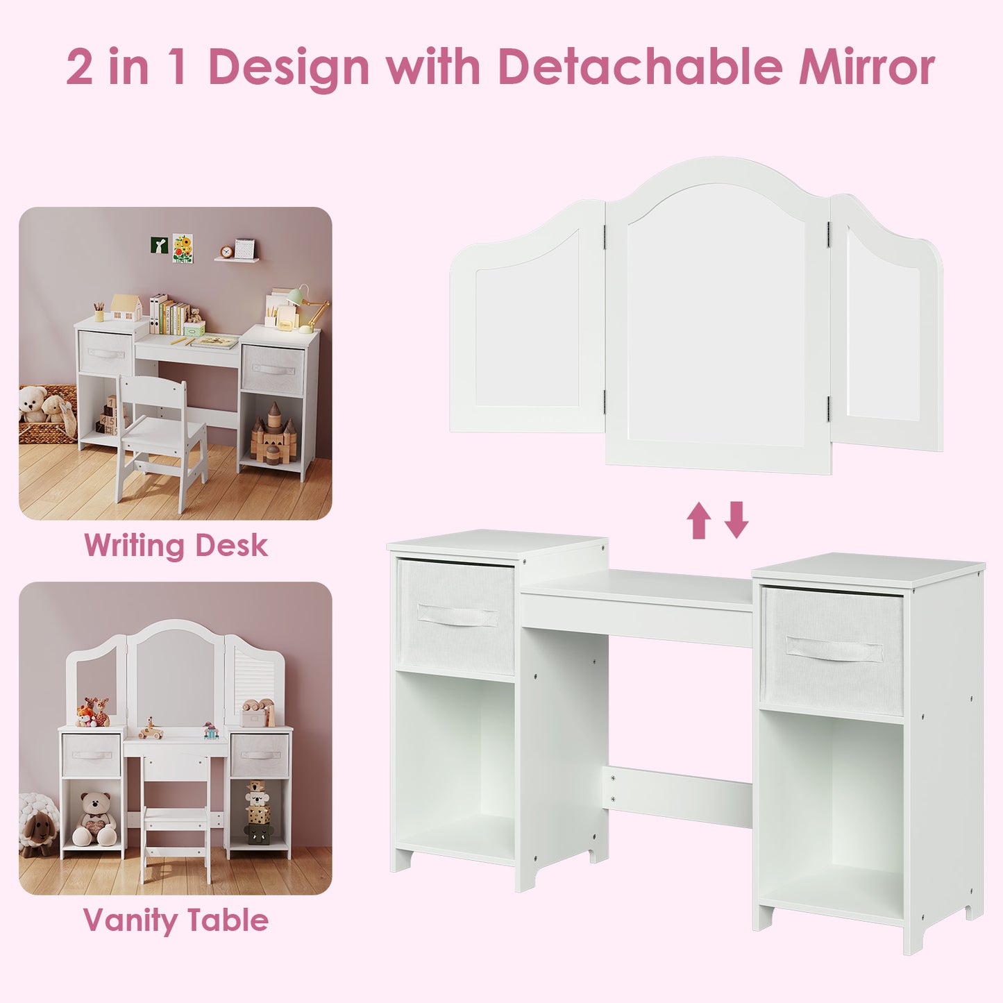 Arlopu Girls' Vanity Table and Chair Set Princess Makeup Dressing Play Table Set with Tri-Folding Mirror, Stool and Large Storage Shelves