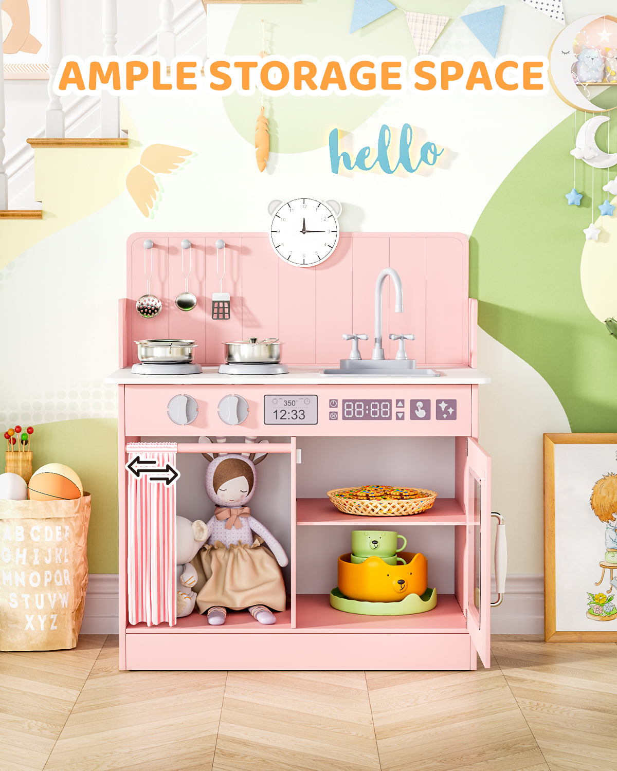 Arlopu Kids Pretend Play Kitchen Set, Wooden Kitchen Playset with Cookwares for Boys & Girls