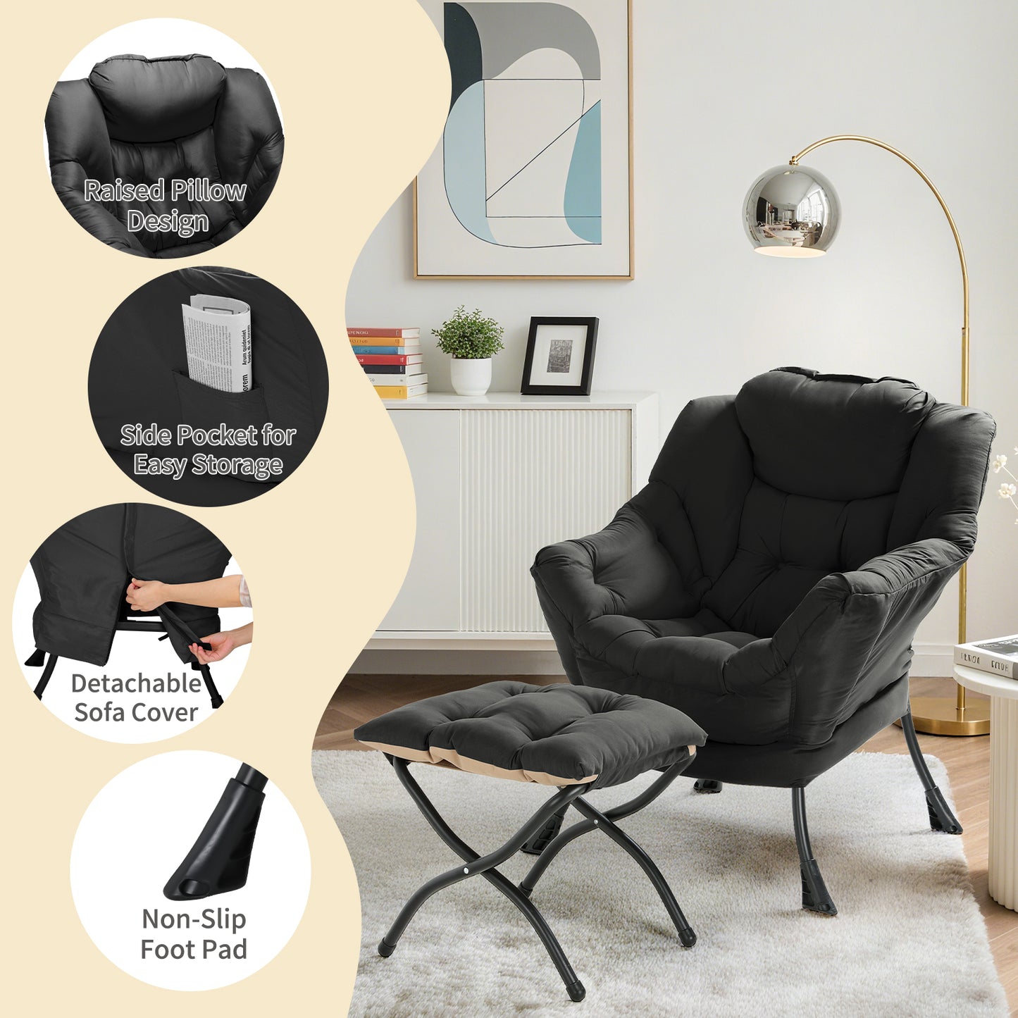 Arlopu Lazy Chair with Ottoman, Comfy Lounge Chair, Oversized Reading Armchair with Folding Footrest & Side Pocket for Living Room, Bedroom, Office
