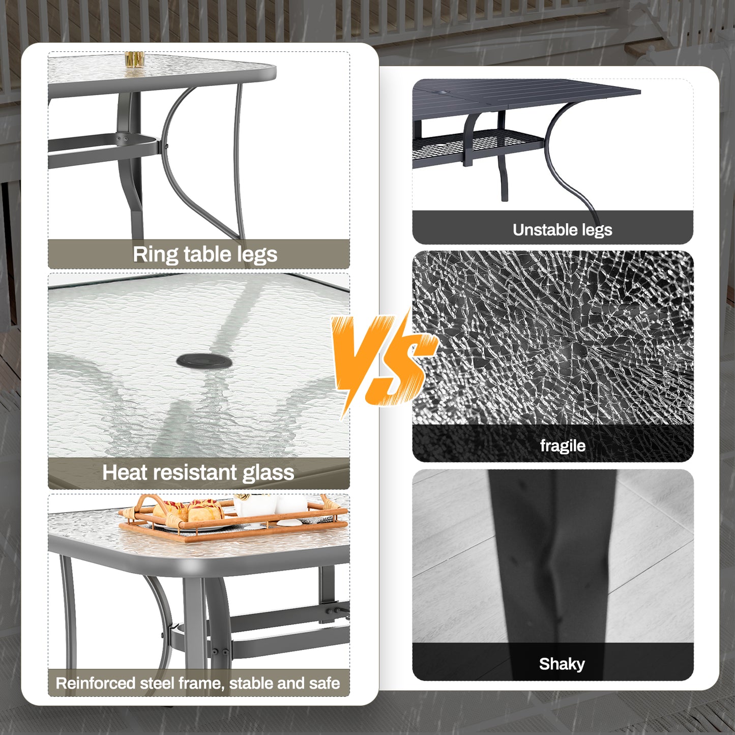 Arlopu Patio Rectangular Tempered Glass Dining Table, All-Weather Use, Outdoor Table for Garden & Backyard