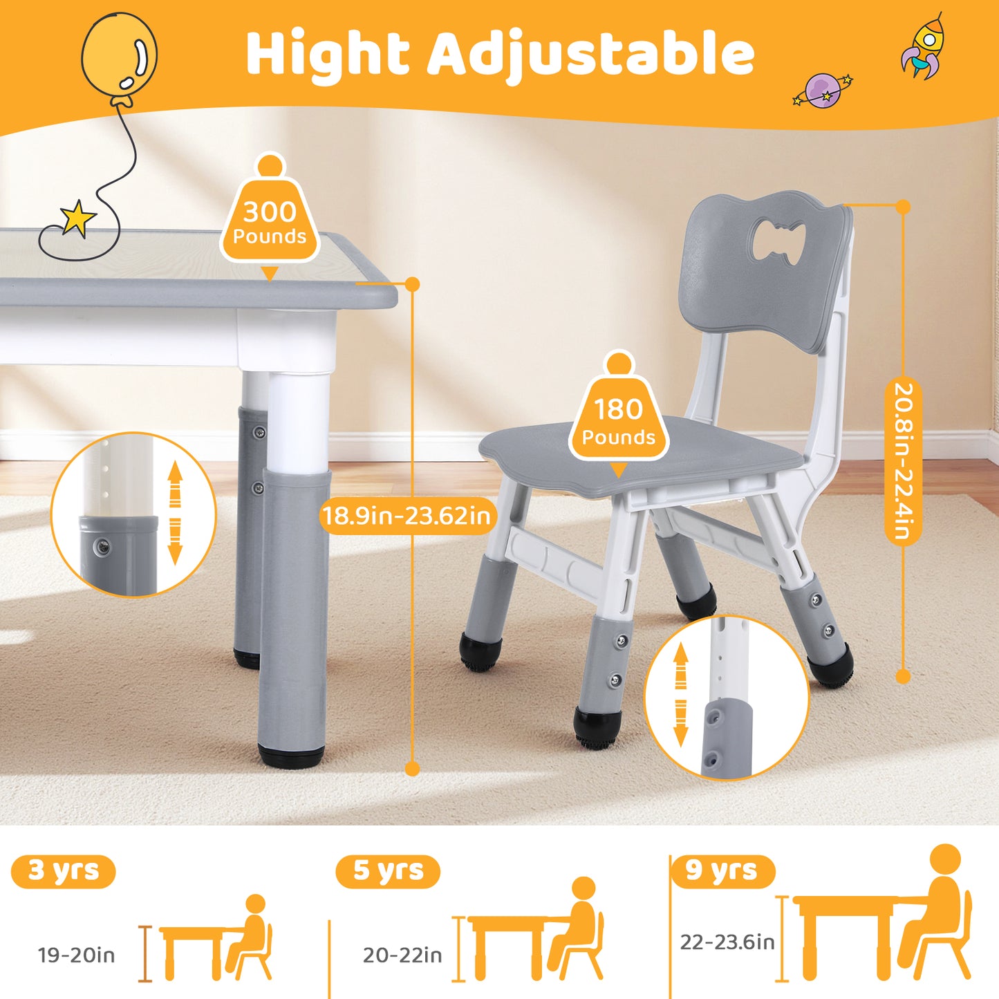Arlopu Kids Table and 2 Chairs Set, Height-Adjustable Toddler Table and Chairs Set with Graffiti Desktop, Toddler Activity Table for Daycare/ Classroom/Home