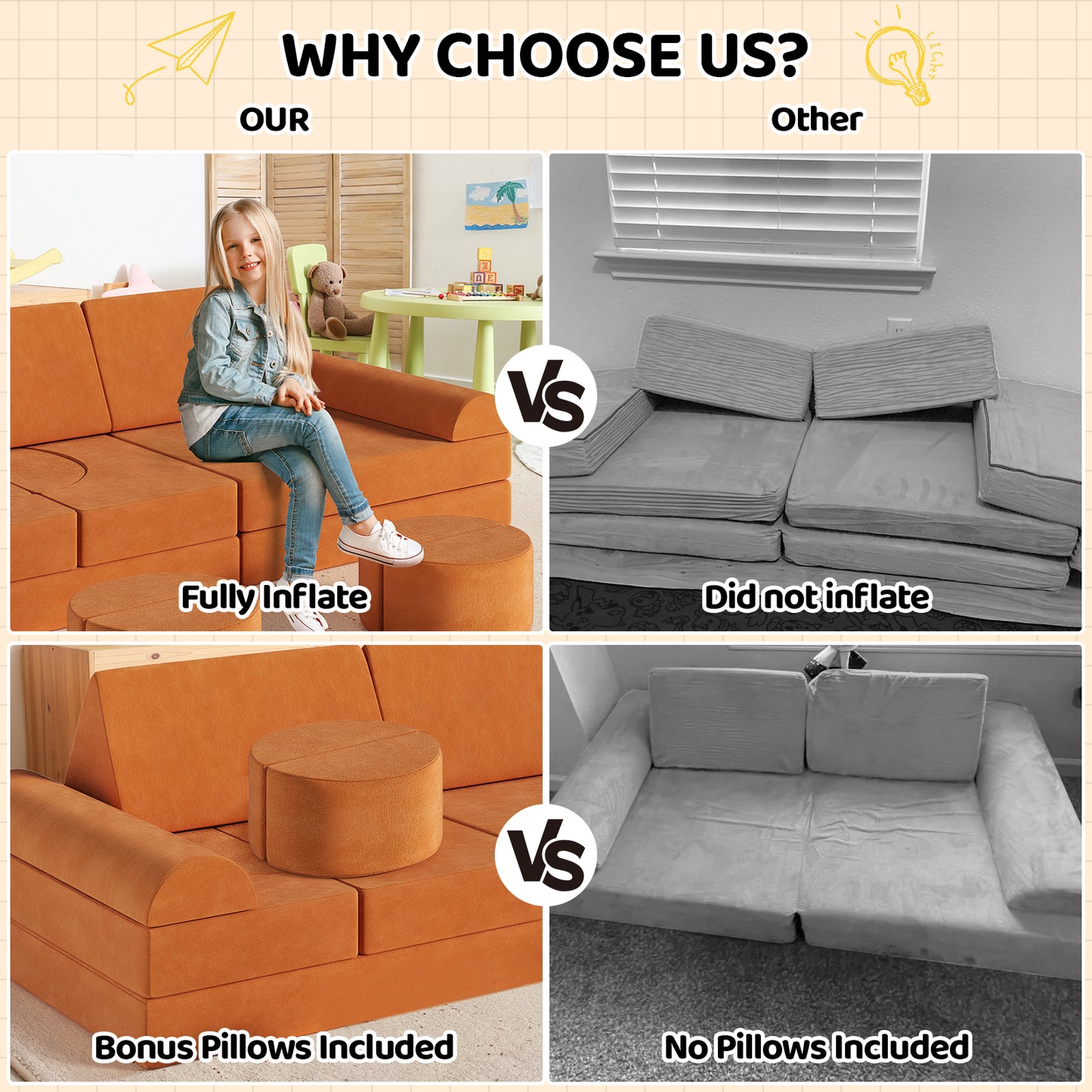 Arlopu  14 Pcs Kids Sofa Couch Toddler Sofa Modular Kids Couch DIY Creativing Playroom Furniture