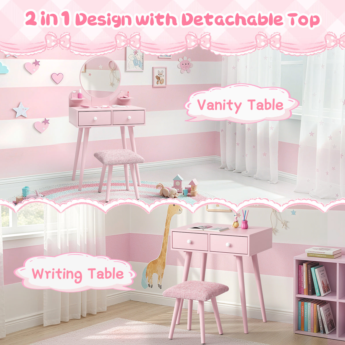 Arlopu Kids Vanity Table & Stool Set, 2-in-1 Princess Vanity Set with Mirror, Wooden Toddler Pretend Play Dressing Table with Detachable Top, Ideal Gift for Girls