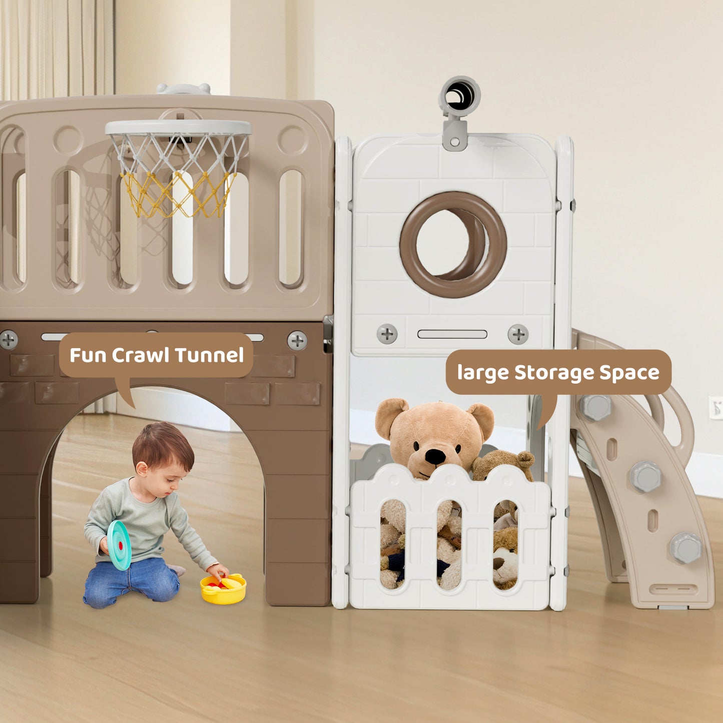 Arlopu 9-in-1 Kids Slide Set, Toddler Climber Slide Playset with Slide, Climber Pedals, Telescope, Basketball Hoop and Balls, Indoor Outdoor Freestanding Slides