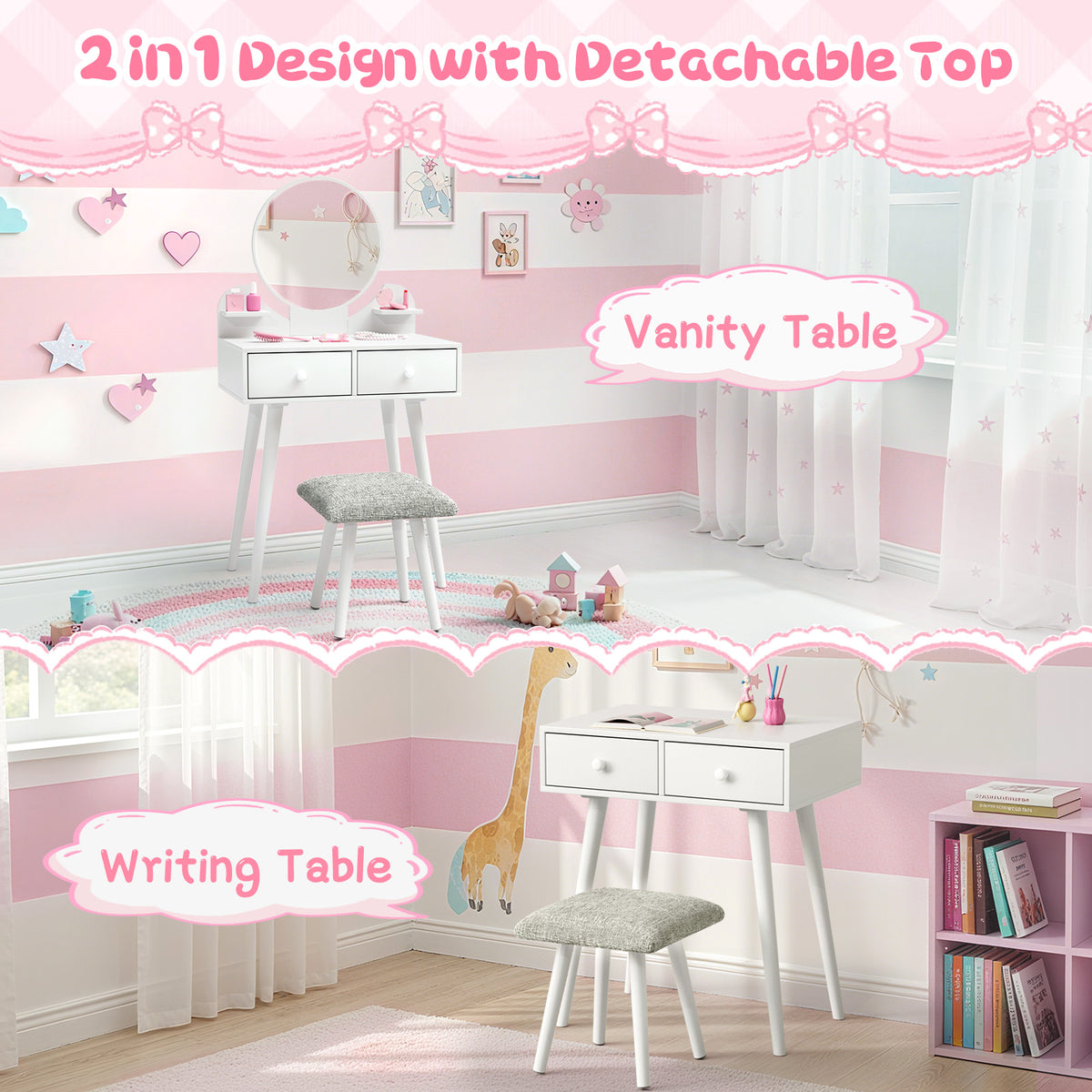 Arlopu Kids Vanity Table & Stool Set, 2-in-1 Princess Vanity Set with Mirror, Wooden Toddler Pretend Play Dressing Table with Detachable Top, Ideal Gift for Girls