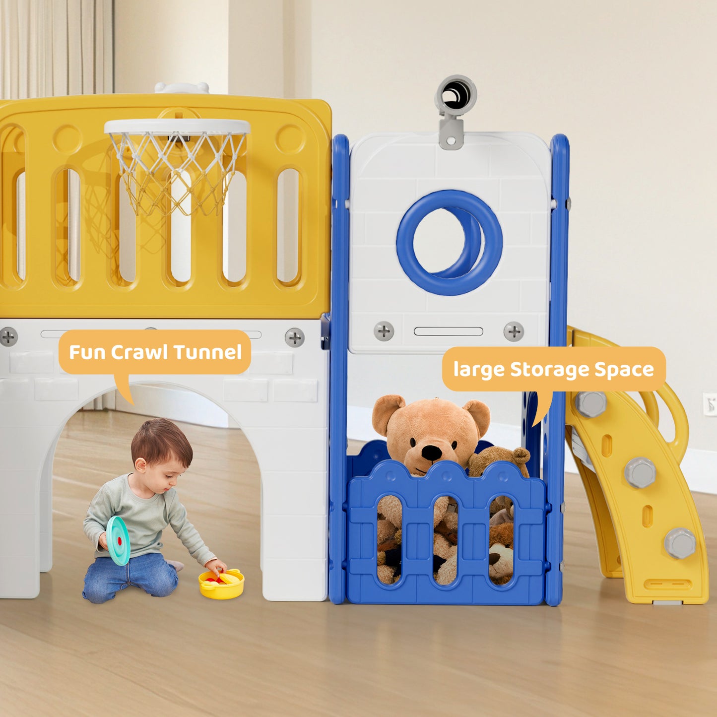 Arlopu 9-in-1 Kids Slide Set, Toddler Climber Slide Playset with Slide, Climber Pedals, Telescope, Basketball Hoop and Balls, Indoor Outdoor Freestanding Slides