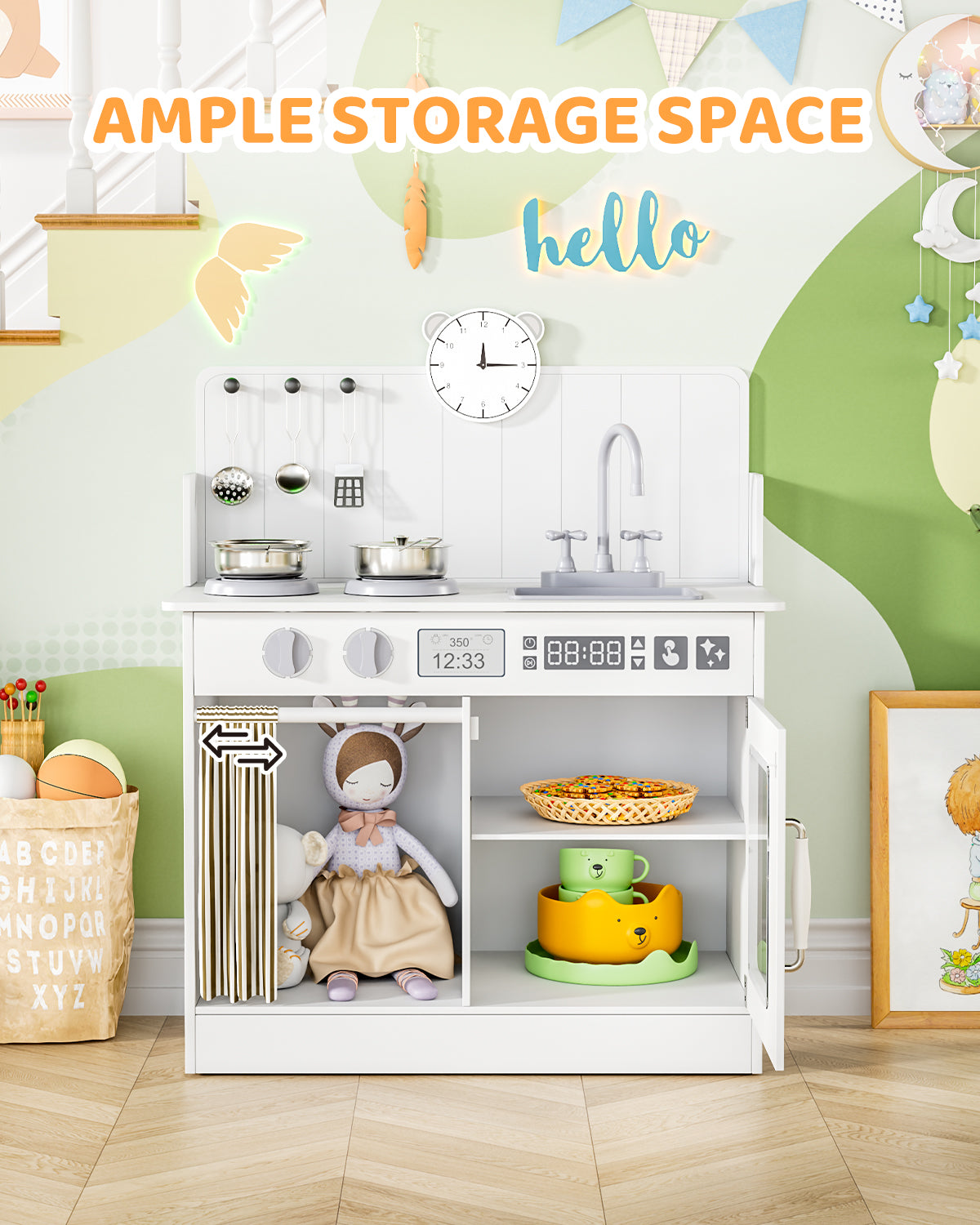 Arlopu Kids Pretend Play Kitchen Set, Wooden Kitchen Playset with Cookwares for Boys & Girls