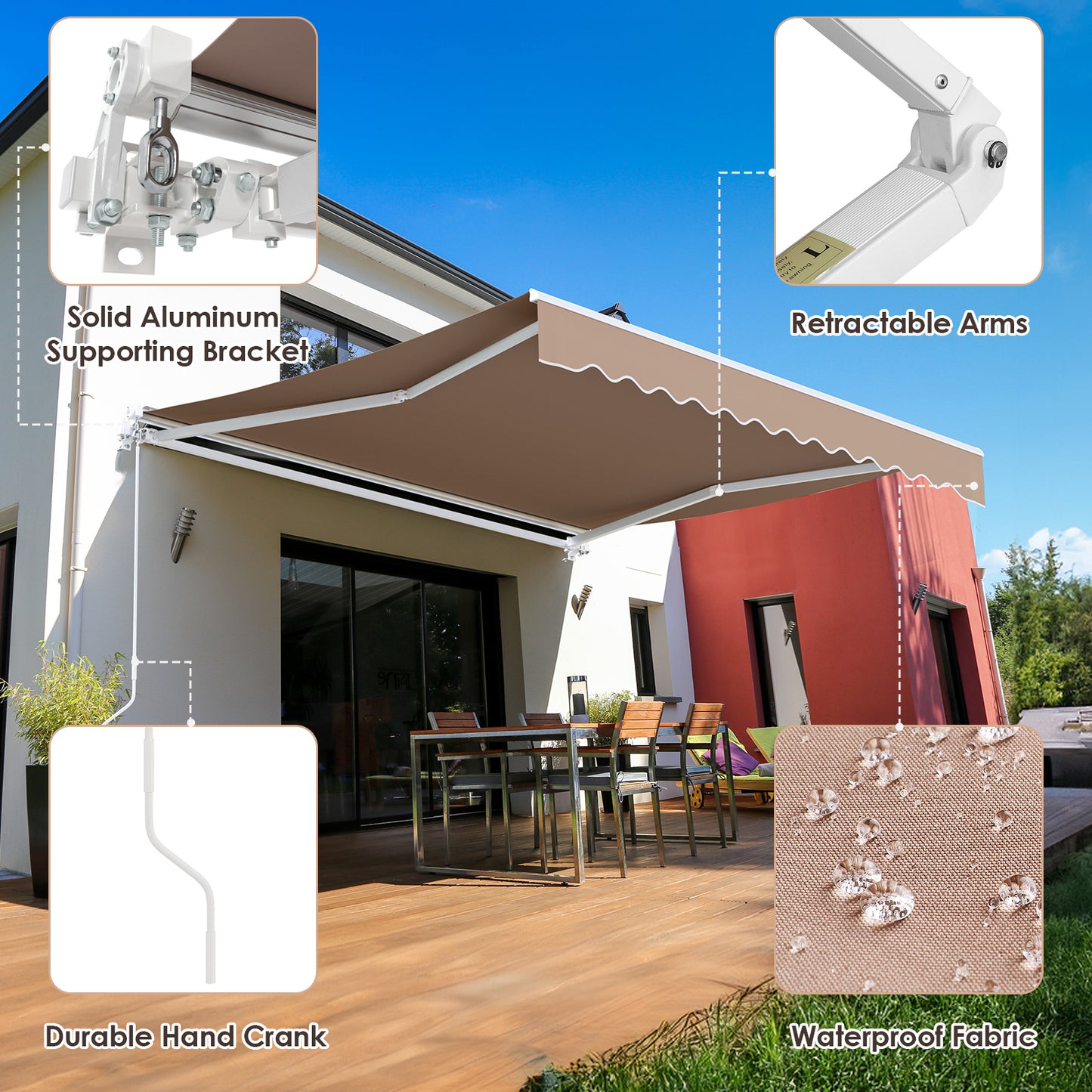 Arlopu 12'x10' Patio Awning Manual Retractable Door Canopy Patio Sun Shade Shelter