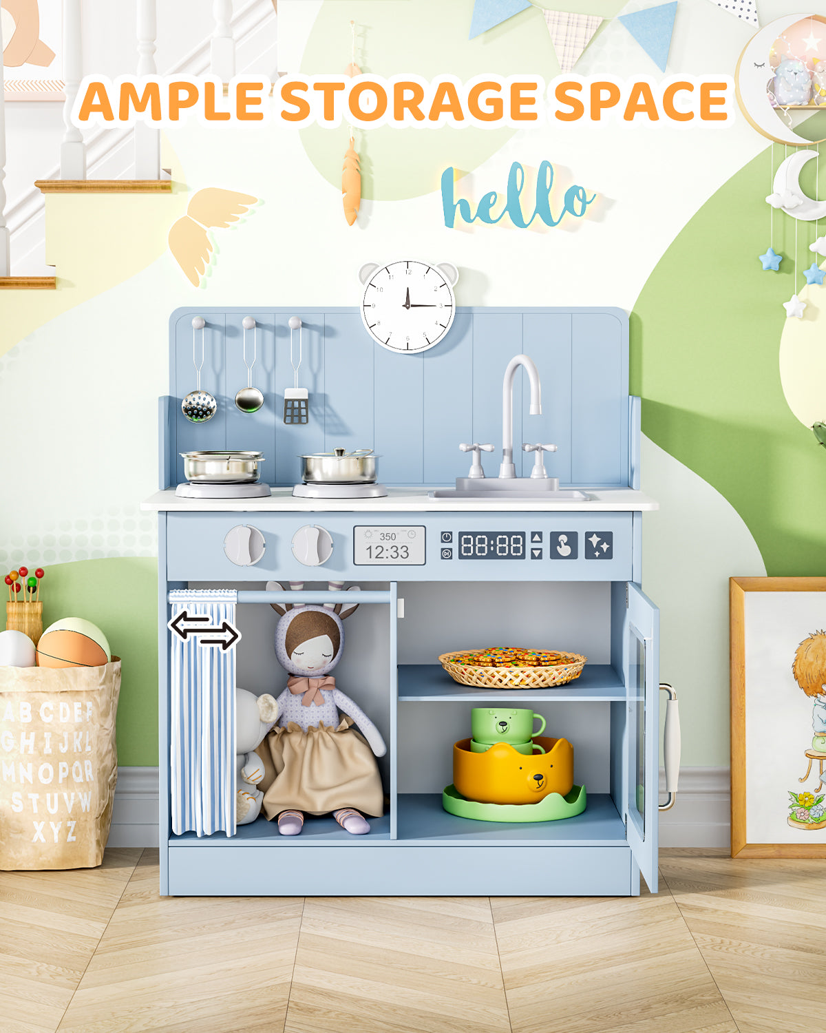Arlopu Kids Pretend Play Kitchen Set, Wooden Kitchen Playset with Cookwares for Boys & Girls