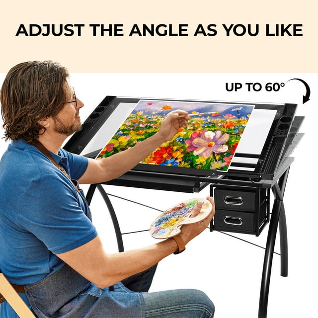 Arlopu Tempered Glass Adjustable Drafting Table with Storage Drawers, Steel Frame Drawing Table