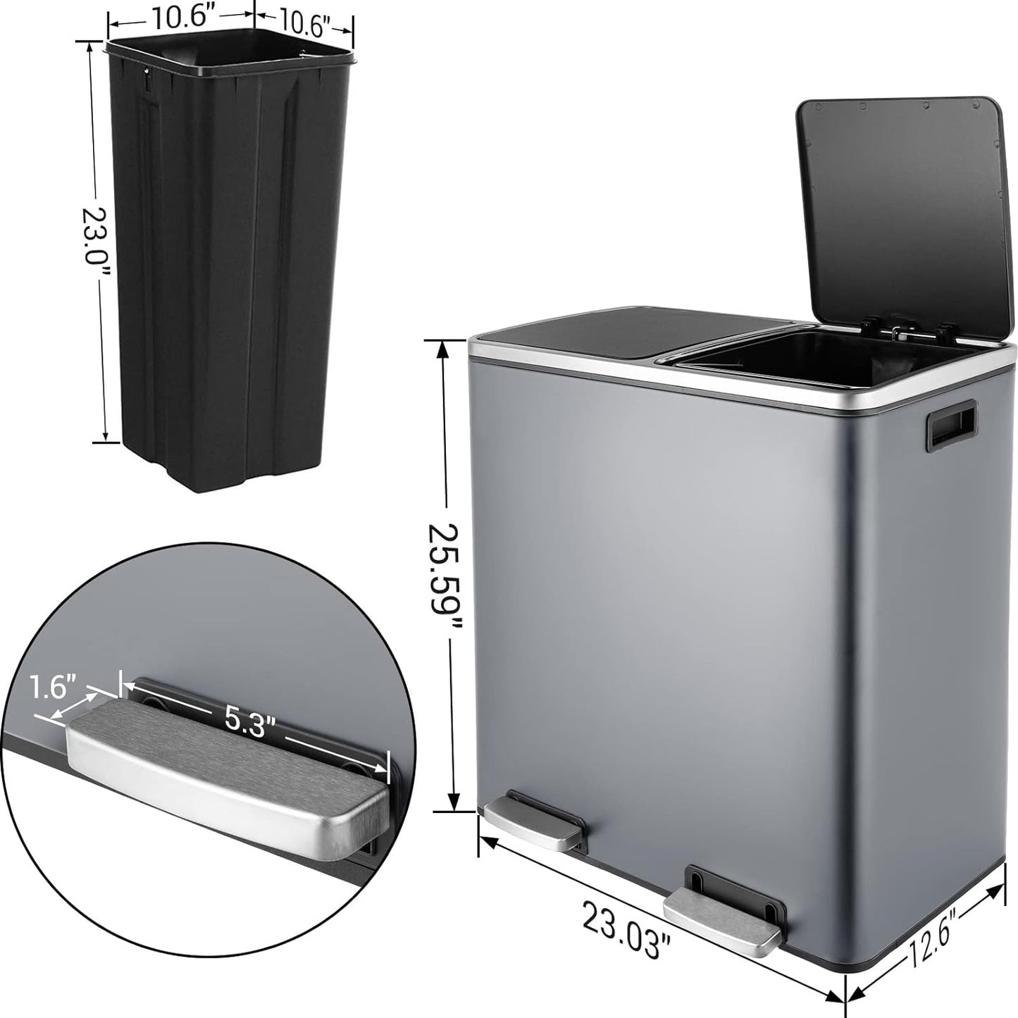 Arlopu 60 Liter / 16 Gal Dual Trash Can, Stainless Steel Kitchen Garbage Can, Double Compartment Classified Rubbish Bin, Recycle Dustbin with Plastic Inner Buckets, Soft-Close Lid