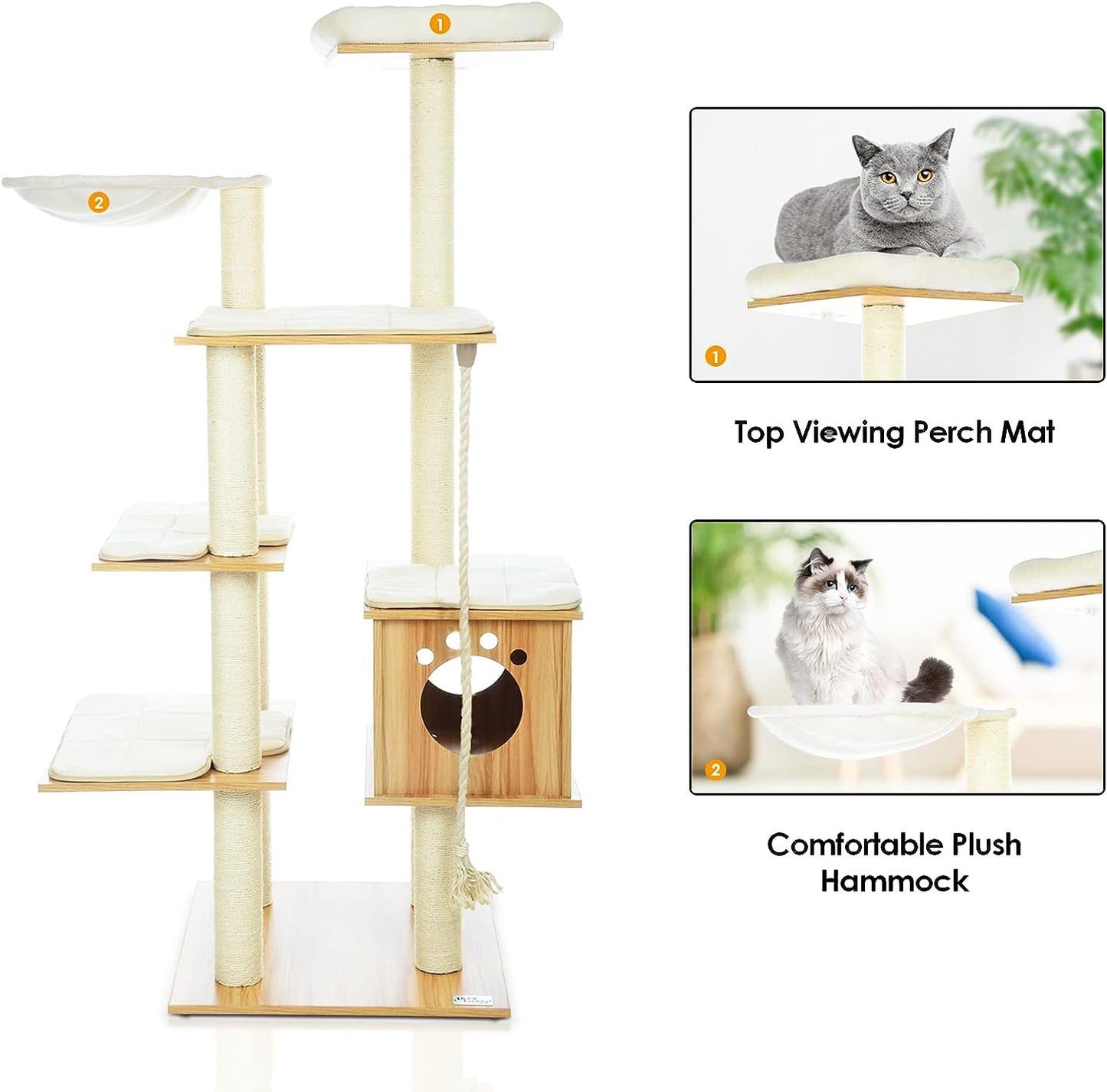 Arlopu 69'' Wood Large Cat Tree Tower, Modern Multi-Level Cat Climbing Stand, Tall Cat Condo Home & Garden, Cat Activities House W/ Scratching Post, Mats, Perch, Hammock