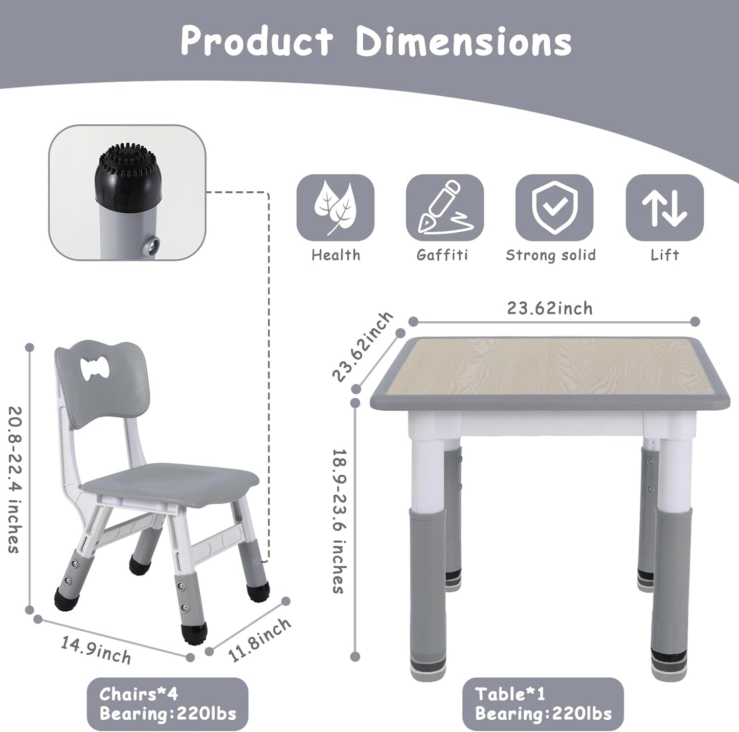 Arlopu Kids Study Table and Chair Set, Height Adjustable Children Desk and 4 Chairs Set, Toddler Multi-Activity Table Set for Reading, Drawing, Eating, Max 220lbs