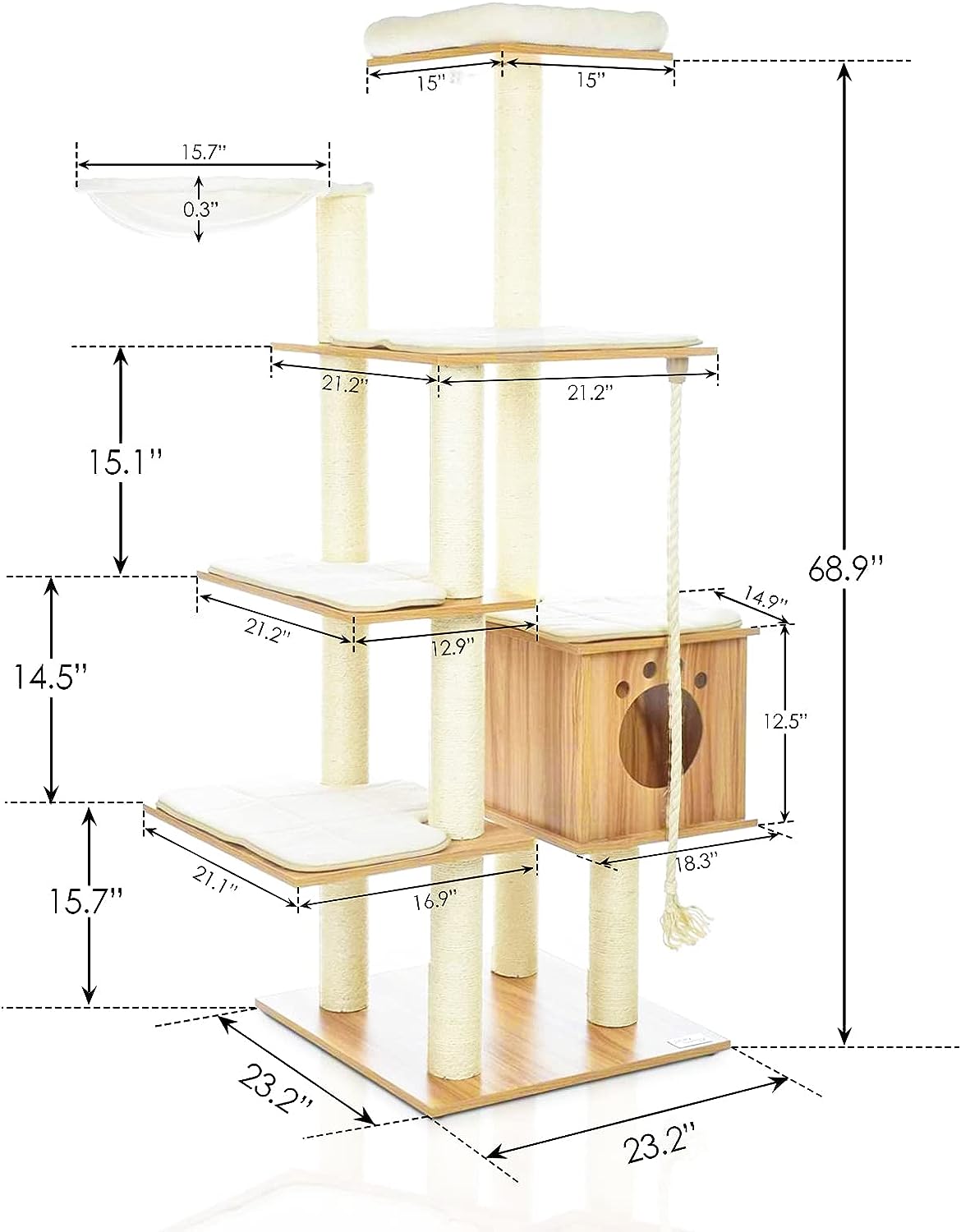 Arlopu 69'' Wood Large Cat Tree Tower, Modern Multi-Level Cat Climbing Stand, Tall Cat Condo Home & Garden, Cat Activities House W/ Scratching Post, Mats, Perch, Hammock