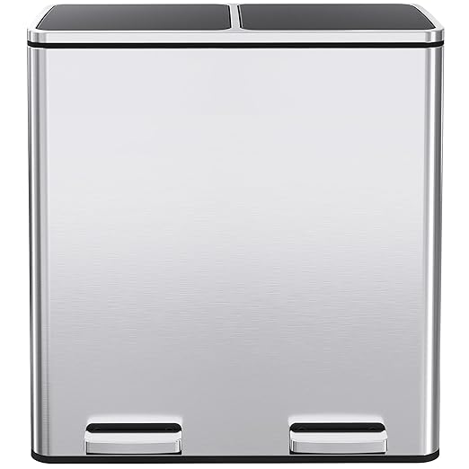 Arlopu 60L / 16 gal Dual Trash Can, Stainless Steel Kitchen Garbage Rubbish Bin with Soft Close Lid