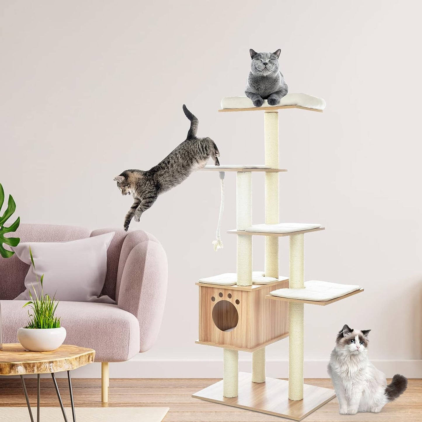 Arlopu 68'' Large Cat Tree, Multi-Level Wood Cat Tower Climbing Tree with Condo, Sisal Scratching Posts & Mats for Kitten, Large Cats