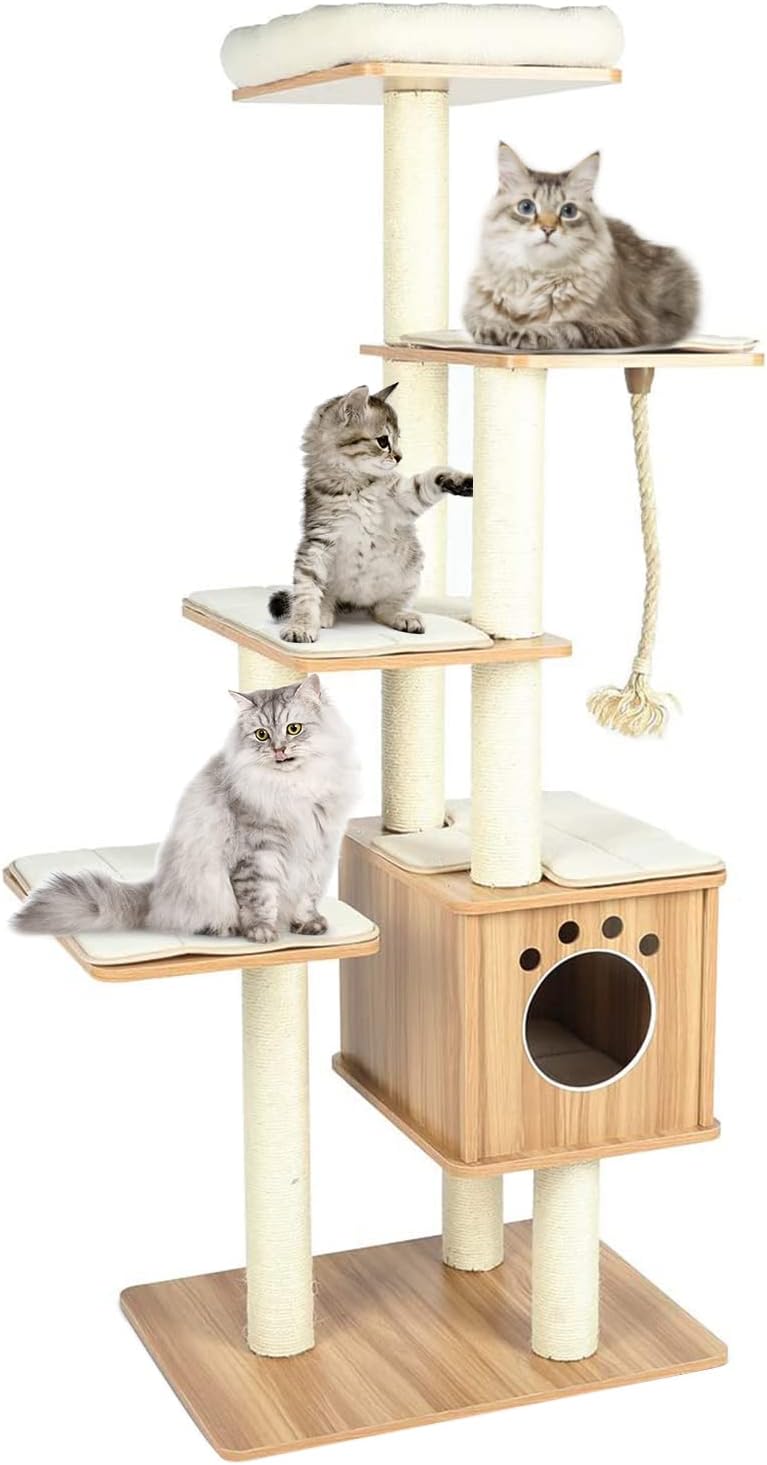 Arlopu 68'' Large Cat Tree, Multi-Level Wood Cat Tower Climbing Tree with Condo, Sisal Scratching Posts & Mats for Kitten, Large Cats