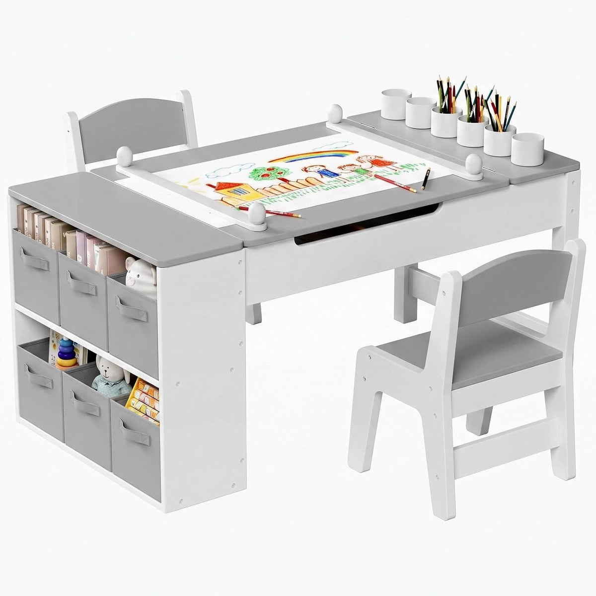 Arlopu 3 in 1 Activity Craft Table Set Kids Wooden Drawing Table Set with Art Easel Adjustable Tilt, 6 Storage Bins, 6 Paint Cup