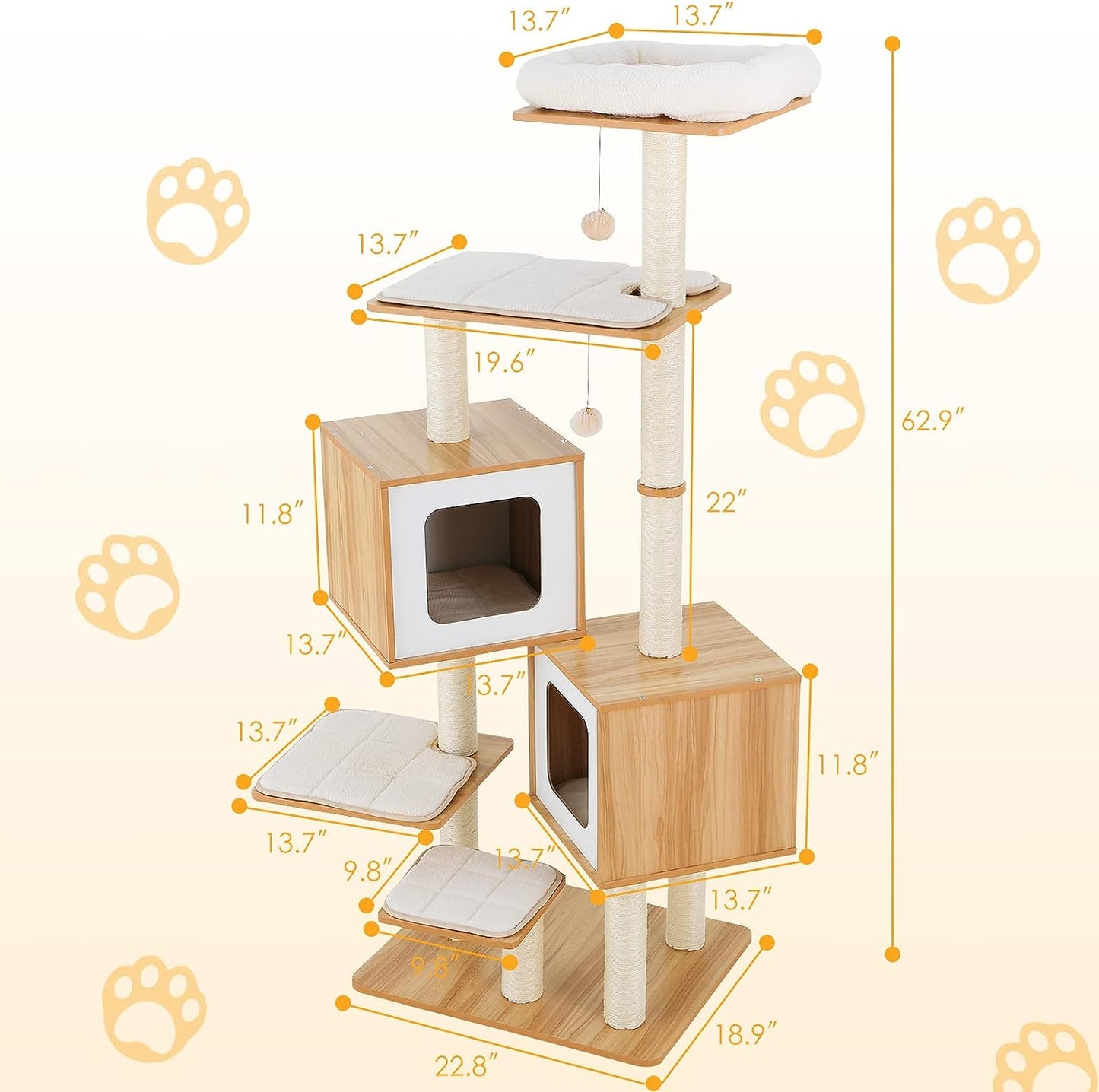 Arlopu 63" Modern Cat Tree Towers, Multi-Level Wooden Cat Climbing Stand Condo Furniture, Large Cat Activity Center House, w/Sisal Scratching Post, 2 Balls, Removable Mats, Perch, for Large Cats