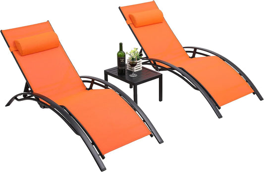 Arlopu 3pcs Poolchairs Patio Chaise Lounge Set with Headrest, 5-Level Adjustable Sunbathing Tanning Poolside Lounger Recliner Chairs with Side Table for Outdoor Beach