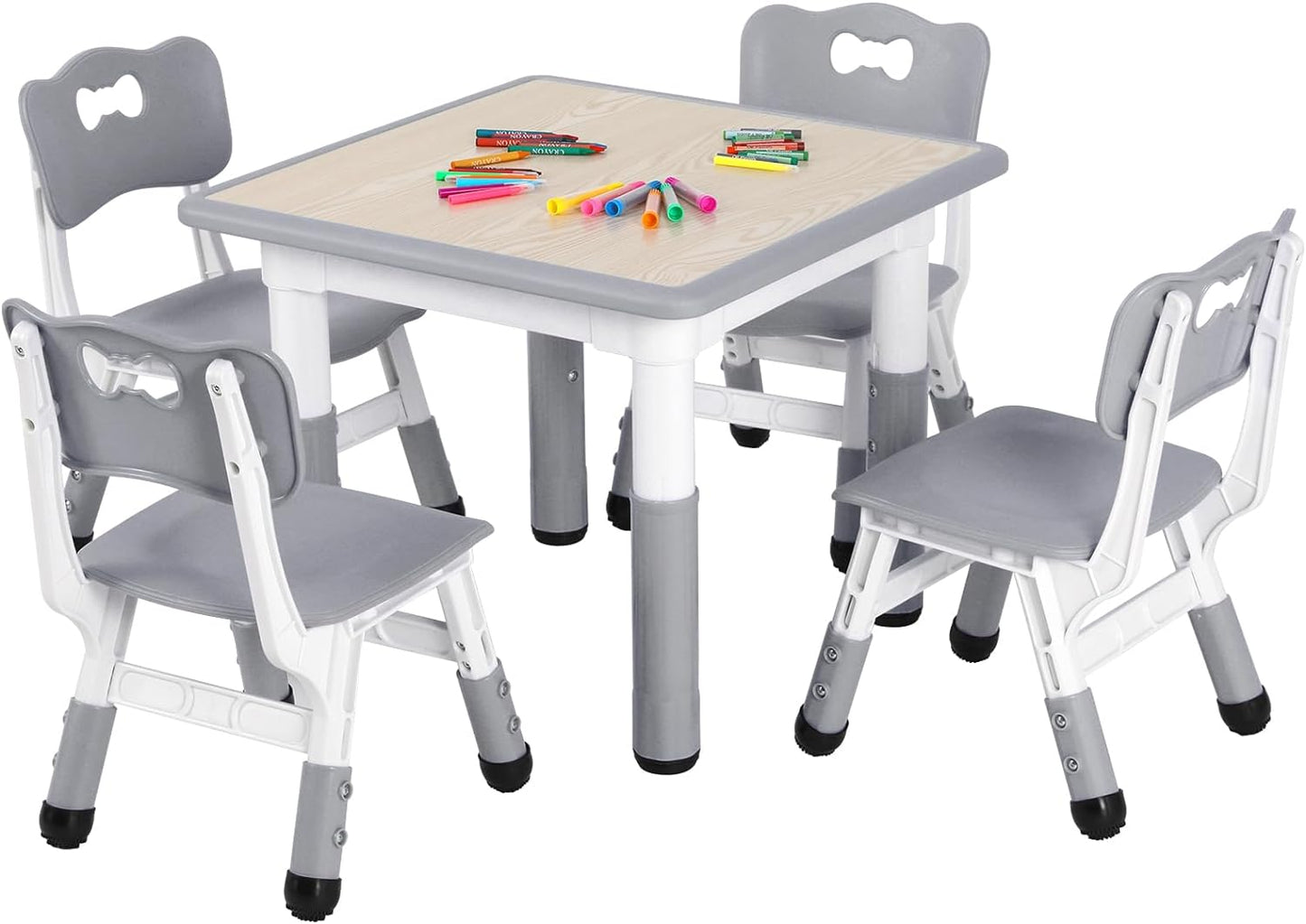 Arlopu Kids Study Table and Chair Set, Height Adjustable Children Desk and 4 Chairs Set, Toddler Multi-Activity Table Set for Reading, Drawing, Eating, Max 220lbs