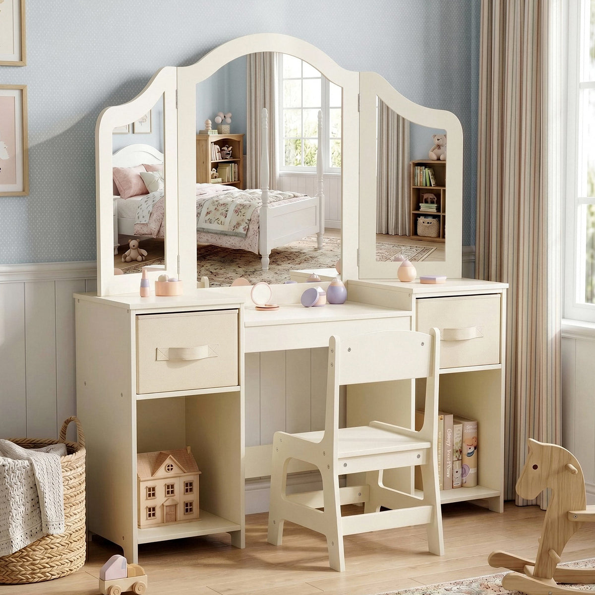 Arlopu Girls' Vanity Table and Chair Set Princess Makeup Dressing Play Table Set with Tri-Folding Mirror, Stool and Large Storage Shelves