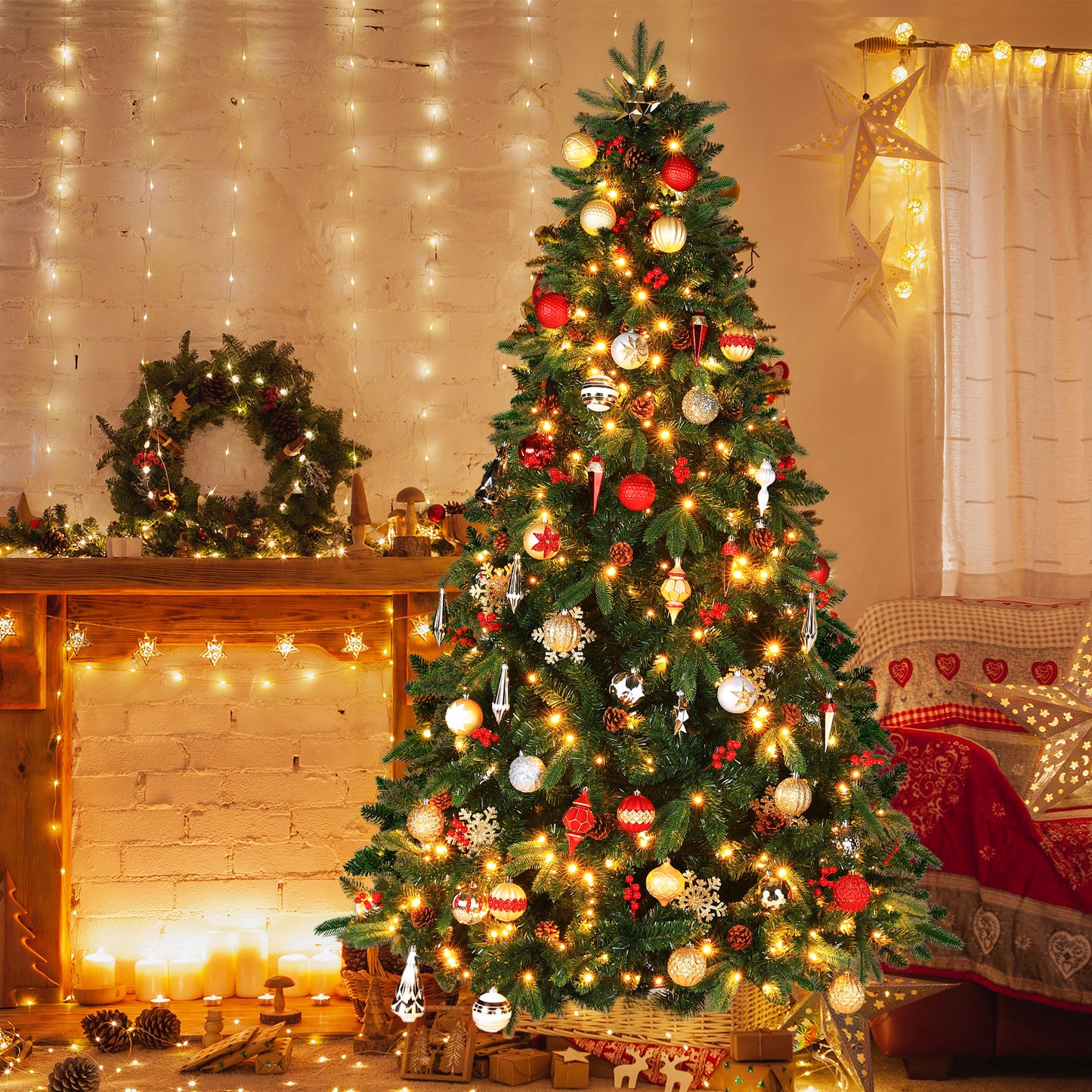 Arlopu 8/9ft Pre-lit Artificial Christmas Tree with Warm White Light, Hinged Xmas Tree with Pine Cones & Red Berries