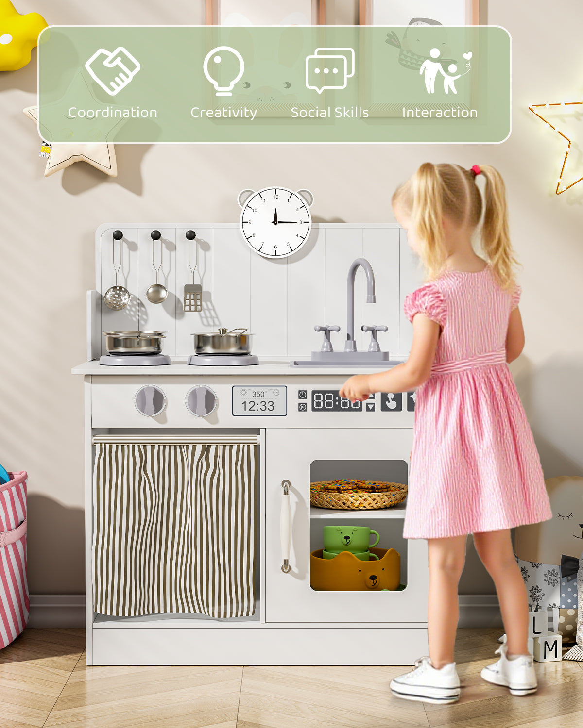 Arlopu Kids Pretend Play Kitchen Set, Wooden Kitchen Playset with Cookwares for Boys & Girls
