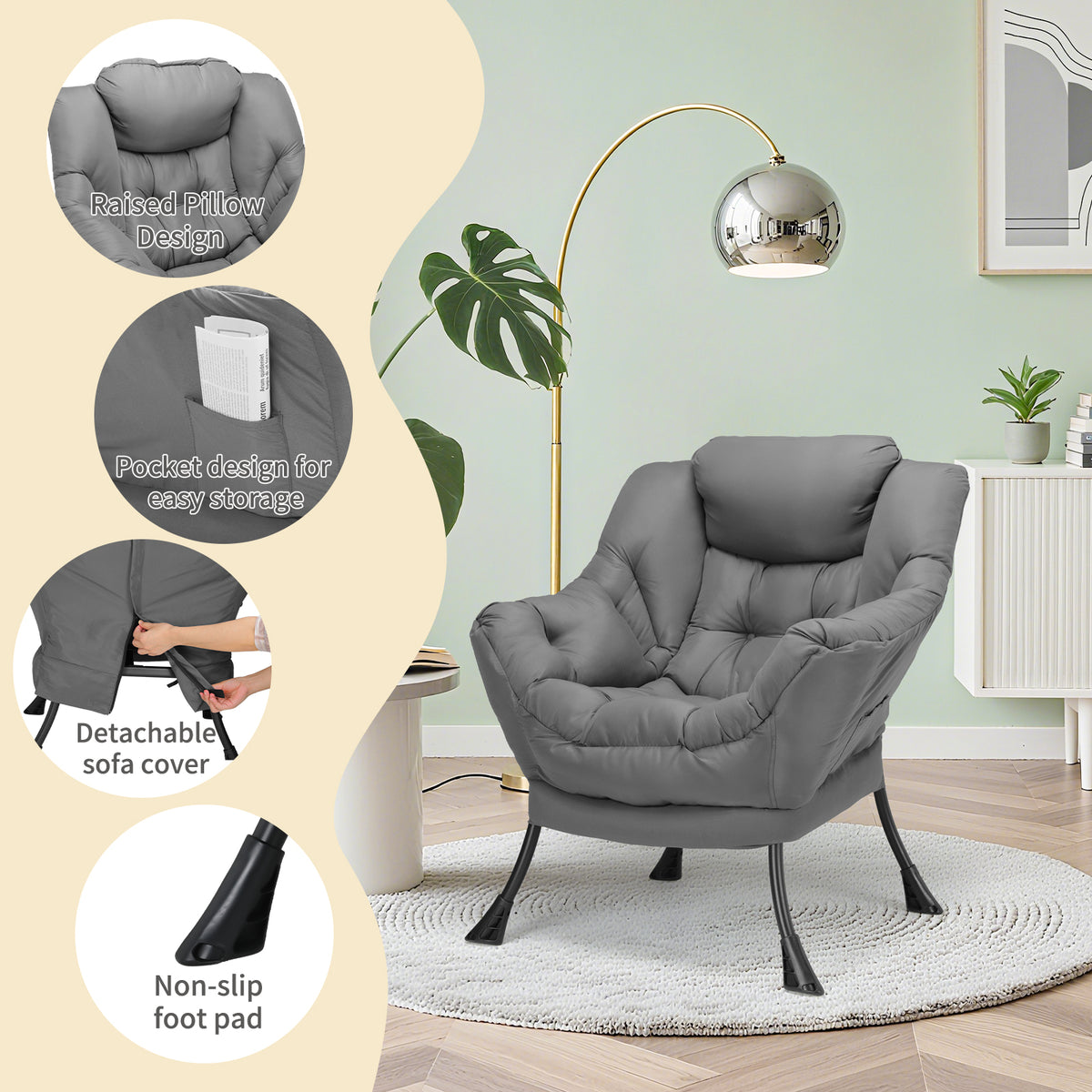 Arlopu Lazy Chair, Modern Lounge Reading Chair with Side Pocket, Upholstered Armchair for Living Room, Bedroom and Dorm