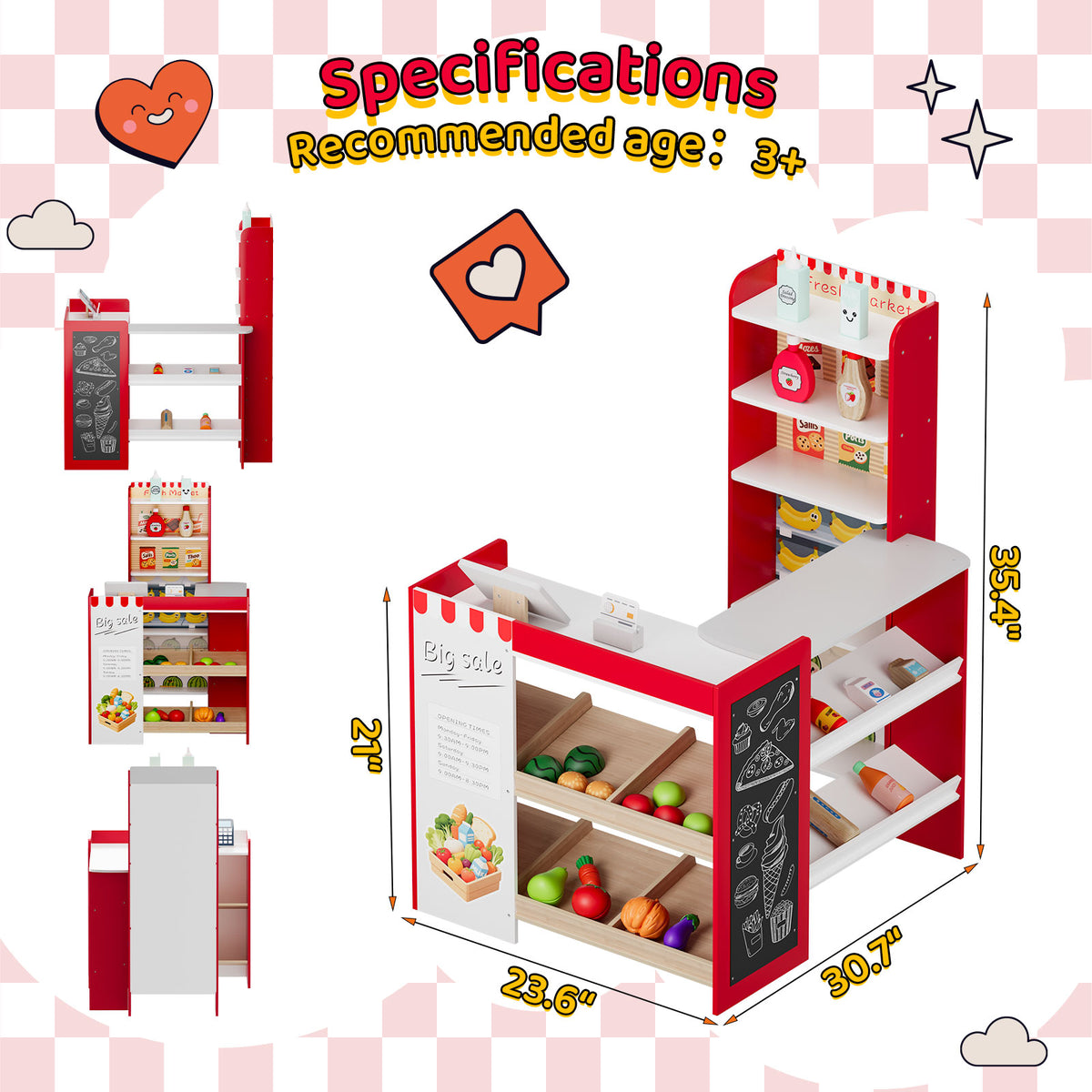 Arlopu Kids Pretend Play Grocery Store Wooden Supermarket Set with Chalkboard, Cash Register, Display Shelves & Play Food Accessories, Gift for Toddlers 3+