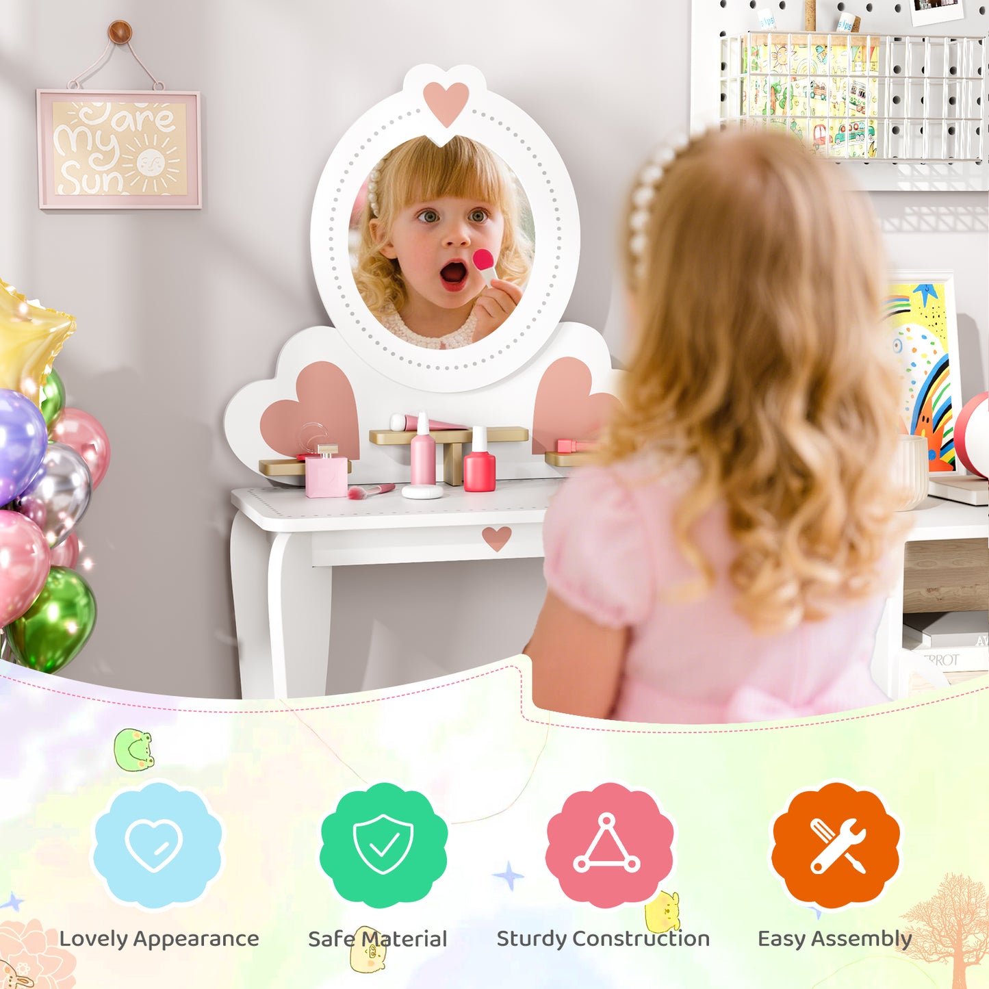 Arlopu 2-in-1 Kids Vanity Table and Chair Set with Mirror, Toddler Vanity Table Set with 8pcs Pretend Play Accessories, Convertible Makeup Desk Toy for Little Girls 3+