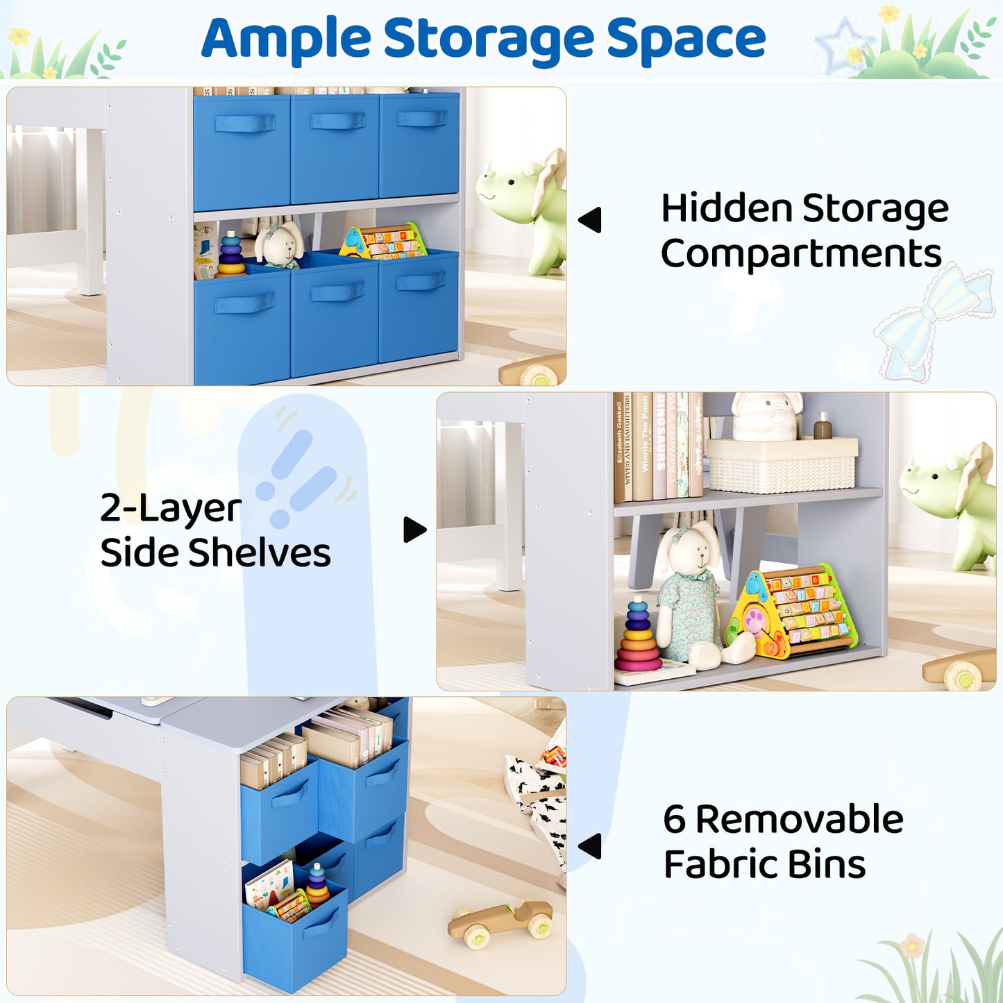 Arlopu 3 in 1 Activity Craft Table Set Kids Wooden Drawing Table Set with Art Easel Adjustable Tilt, 6 Storage Bins, 6 Paint Cup