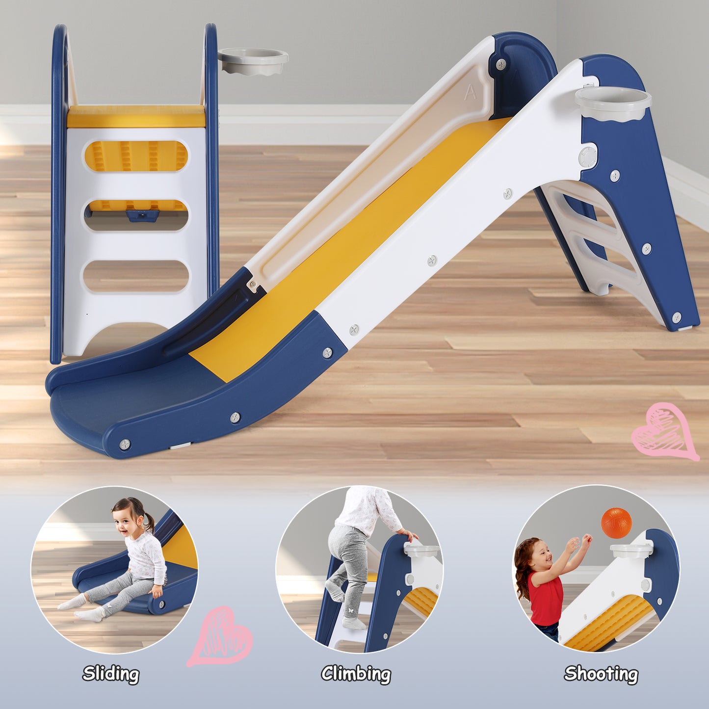 Arlopu Freestanding Kids Slide, Toddler Slide Climber with Basketball Hoop & Ball, Baby Slide Playset with Long Slope, Ideal Gift for Boys and Girls, Sturdy Playground Toy for Indoor Outdoor