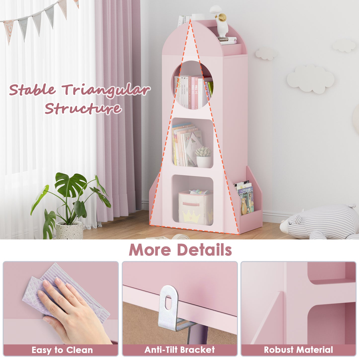 Arlopu Kids Bookshelf, 3-Tier Book Shelf Toy Organizer with Side shelves for Bedroom/Playroom/Nursery