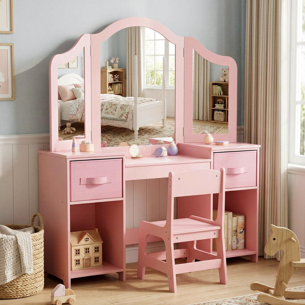 Arlopu Girls' Vanity Table and Chair Set Princess Makeup Dressing Play Table Set with Tri-Folding Mirror, Stool and Large Storage Shelves