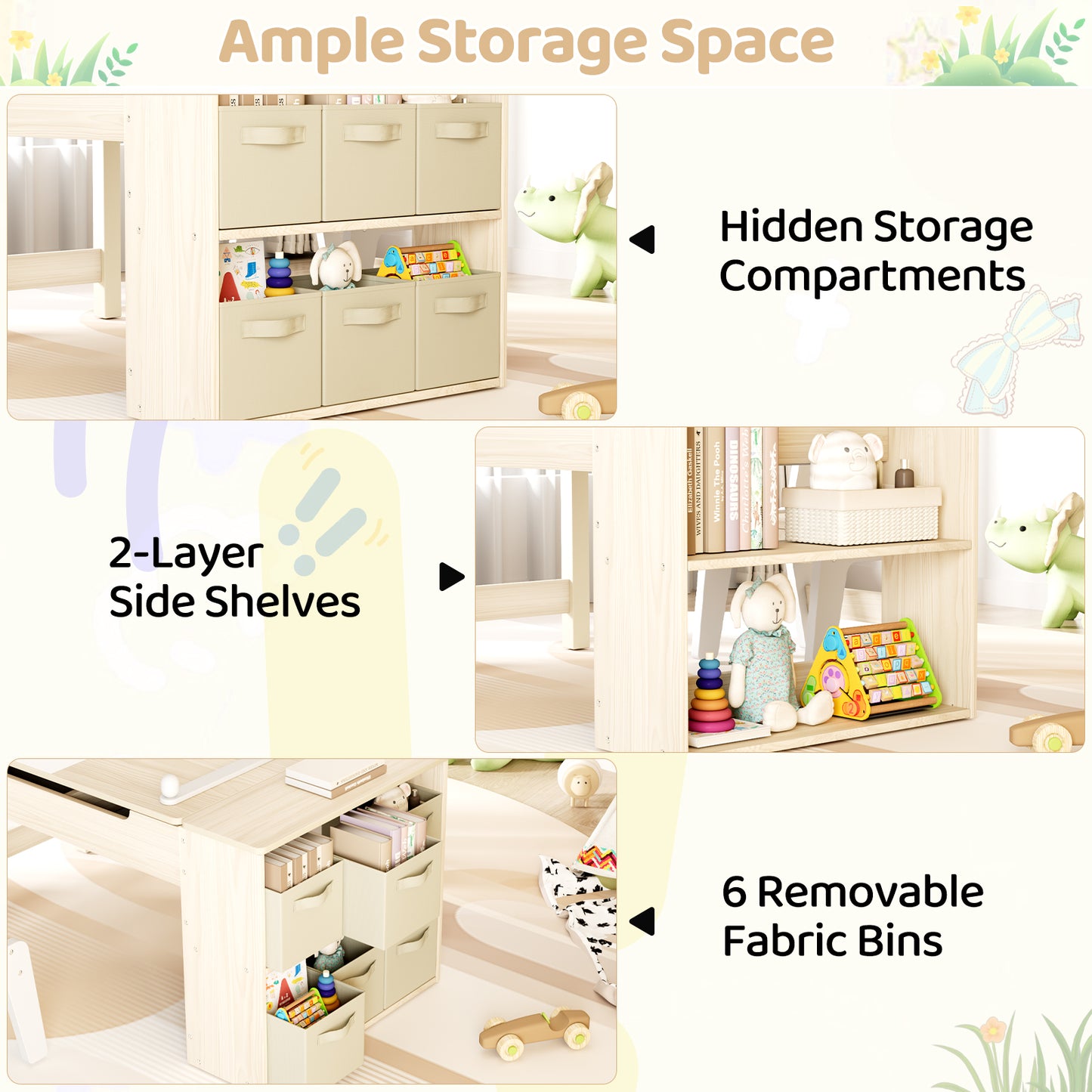 Arlopu 3 in 1 Activity Craft Table Set Kids Wooden Drawing Table Set with Art Easel Adjustable Tilt, 6 Storage Bins, 6 Paint Cup