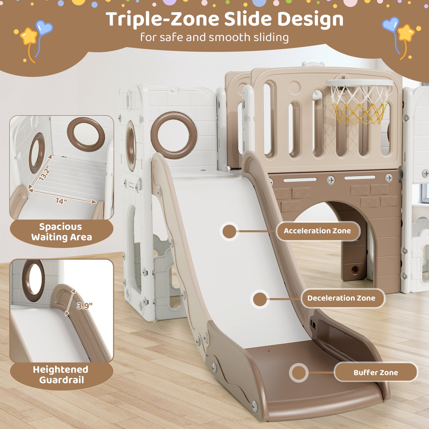 Arlopu 9-in-1 Kids Slide Set, Toddler Climber Slide Playset with Slide, Climber Pedals, Telescope, Basketball Hoop and Balls, Indoor Outdoor Freestanding Slides