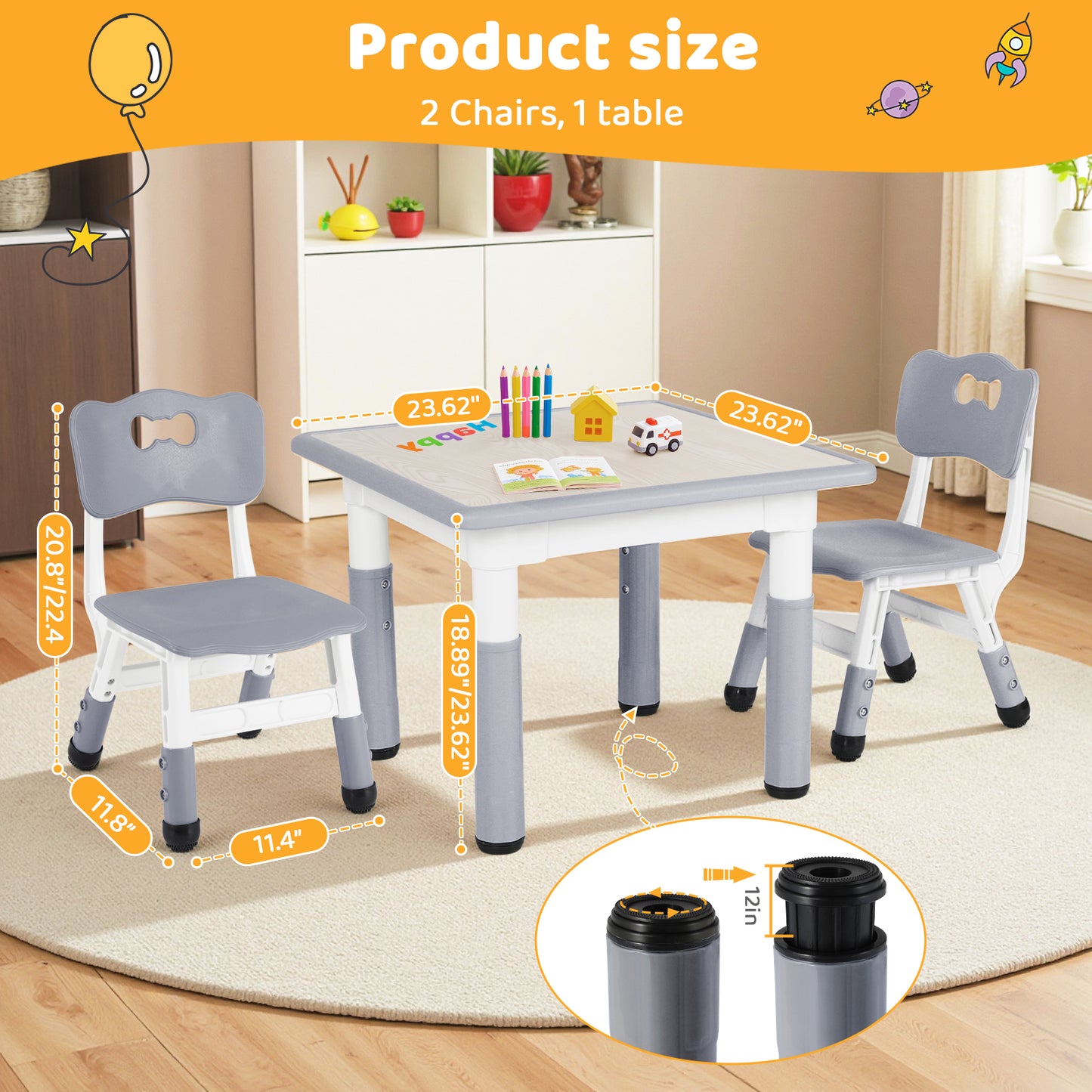 Arlopu Kids Table and 2 Chairs Set, Height-Adjustable Toddler Table and Chairs Set with Graffiti Desktop, Toddler Activity Table for Daycare/ Classroom/Home