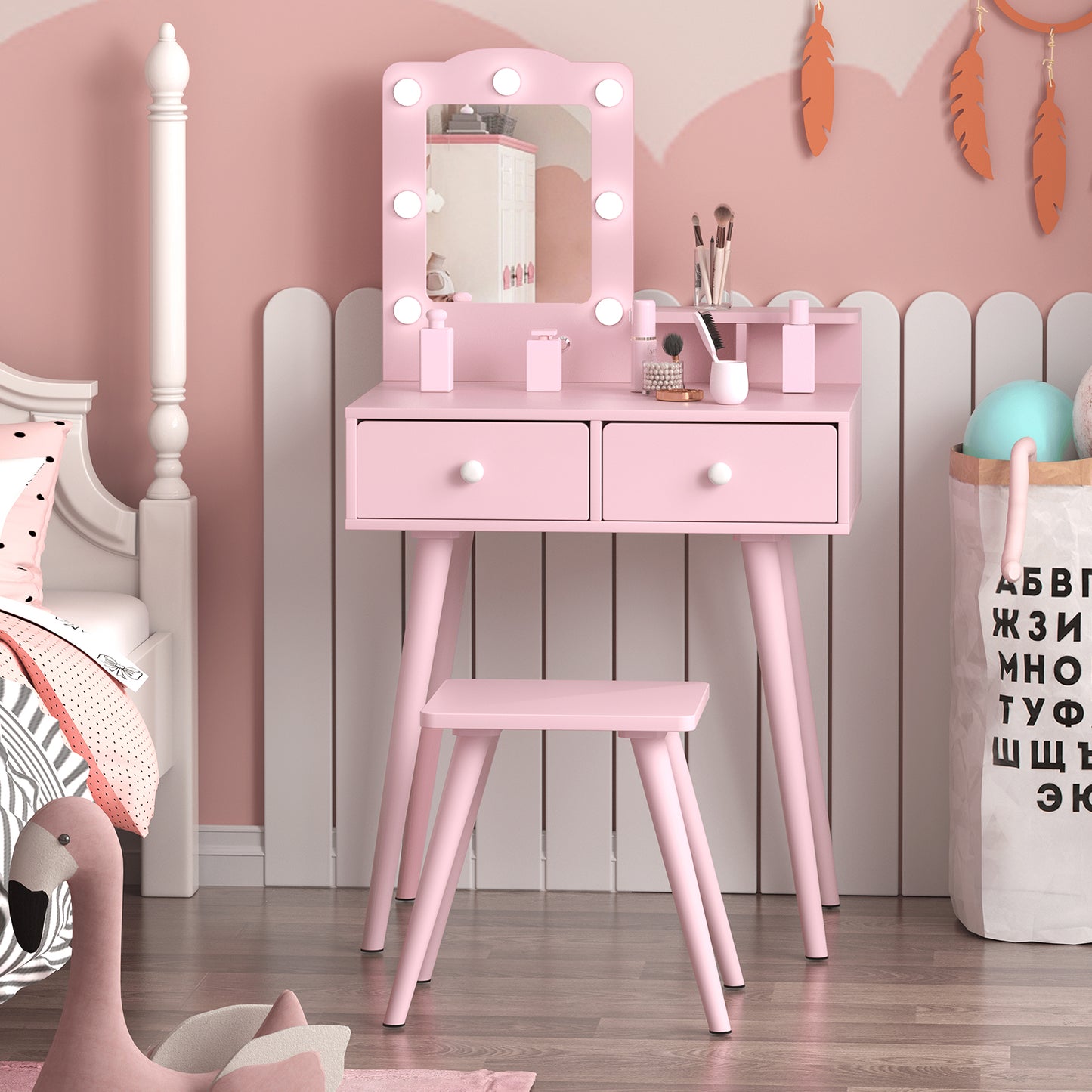Arlopu Kids Vanity Table and Chair Set, Wooden Makeup Playset with Mirror & Lights, Ideal Princess Gift for Girls