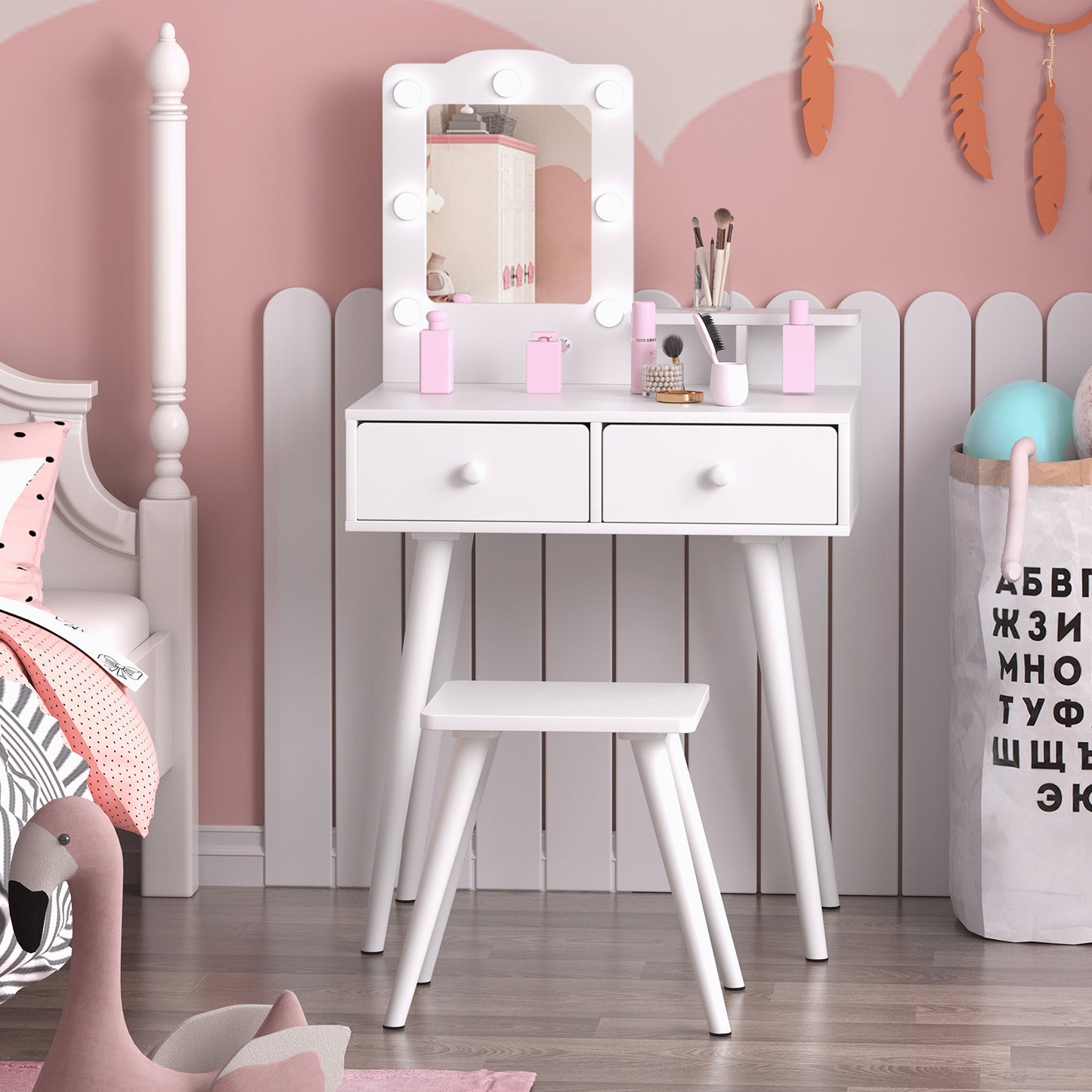 Arlopu Kids Vanity Table and Chair Set, Wooden Makeup Playset with Mirror & Lights, Ideal Princess Gift for Girls