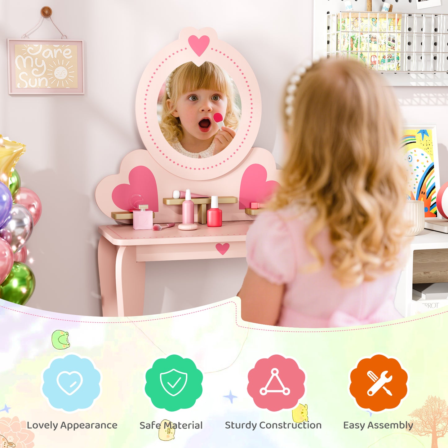 Arlopu 2-in-1 Kids Vanity Table and Chair Set with Mirror, Toddler Vanity Table Set with 8pcs Pretend Play Accessories, Convertible Makeup Desk Toy for Little Girls 3+