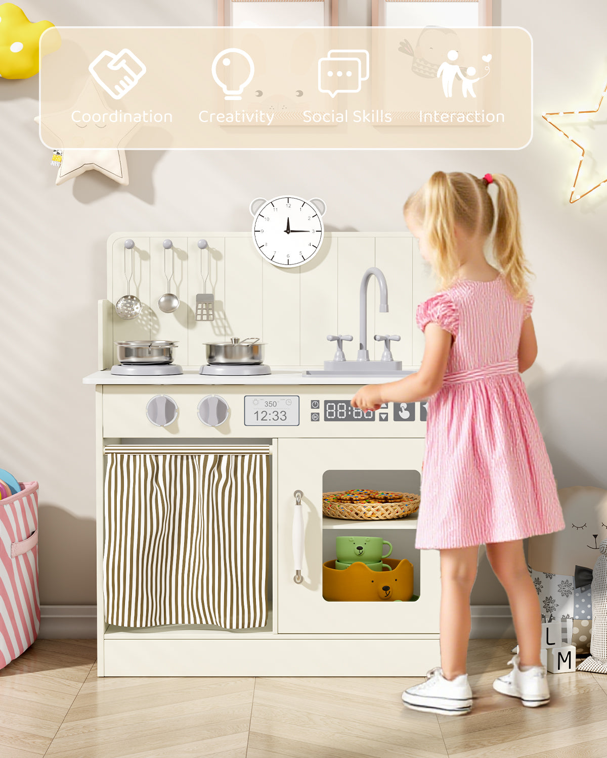 Arlopu Kids Pretend Play Kitchen Set, Wooden Kitchen Playset with Cookwares for Boys & Girls