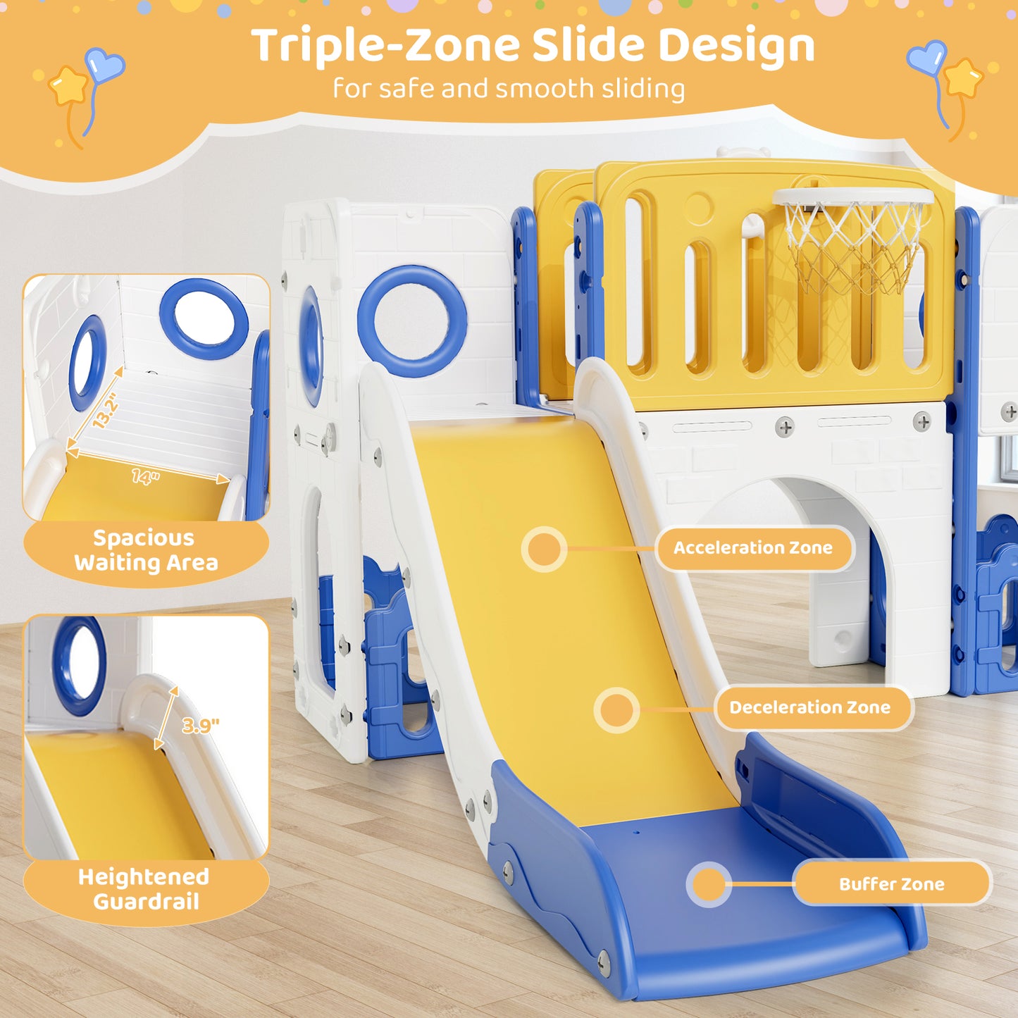 Arlopu 9-in-1 Kids Slide Set, Toddler Climber Slide Playset with Slide, Climber Pedals, Telescope, Basketball Hoop and Balls, Indoor Outdoor Freestanding Slides