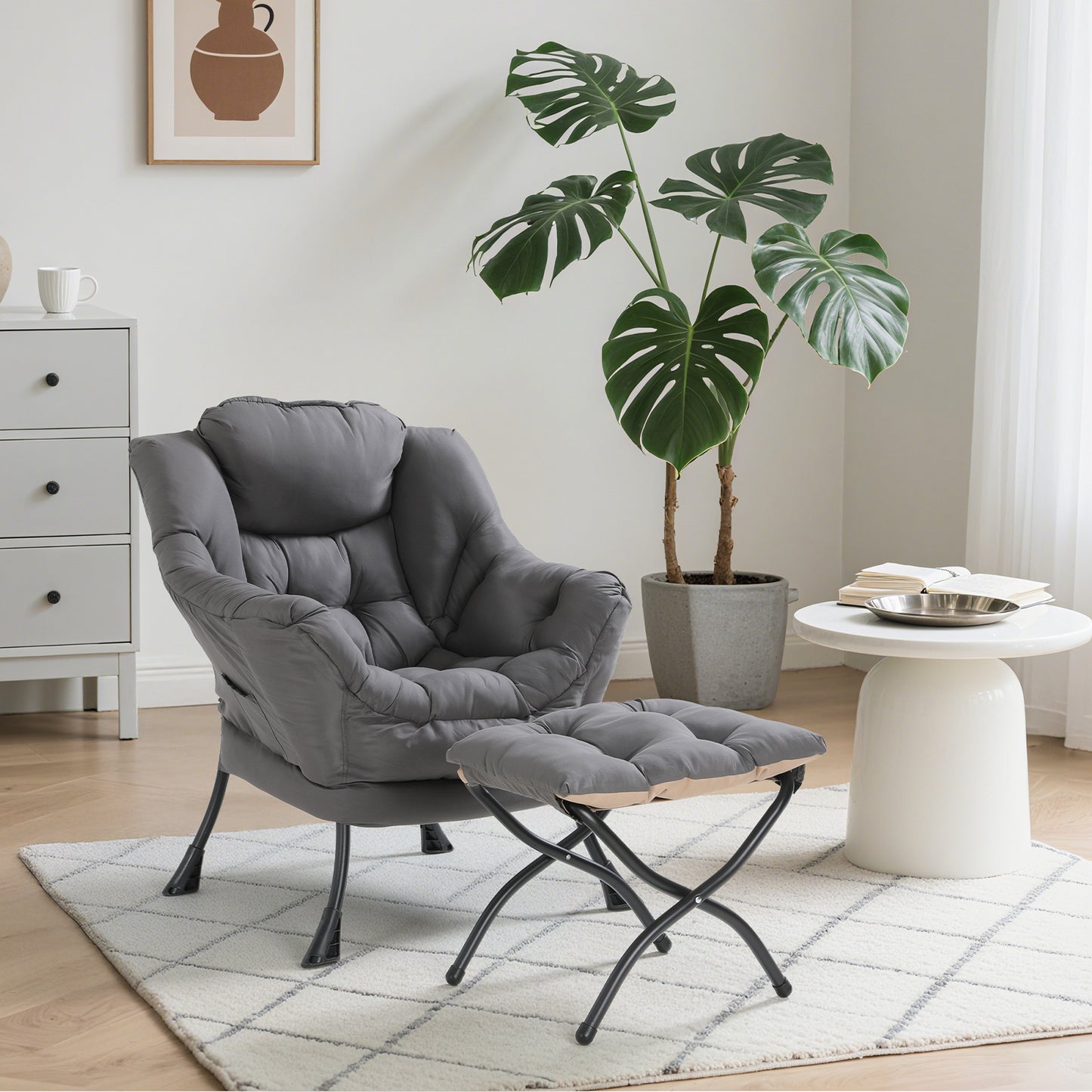 Arlopu Lazy Chair with Ottoman, Comfy Lounge Chair, Oversized Reading Armchair with Folding Footrest & Side Pocket for Living Room, Bedroom, Office