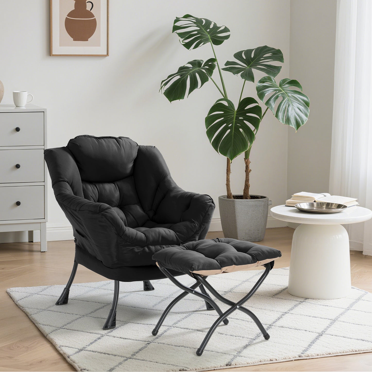 Arlopu Lazy Chair with Ottoman, Comfy Lounge Chair, Oversized Reading Armchair with Folding Footrest & Side Pocket for Living Room, Bedroom, Office