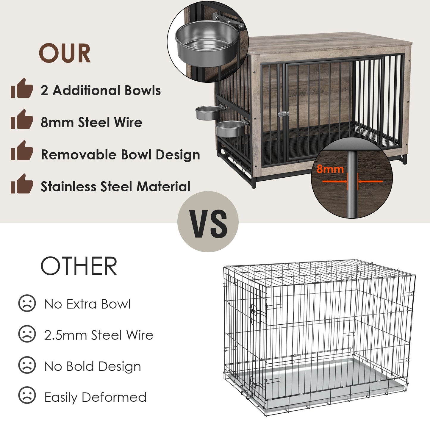 Arlopu Furniture Style Dog Crate with 2 Stainless Steel Bowls Wooden End Table Dog Cage Indoor Dog Kennel with Pull-Out Tray for Small Medium Dogs Under 70 lbs