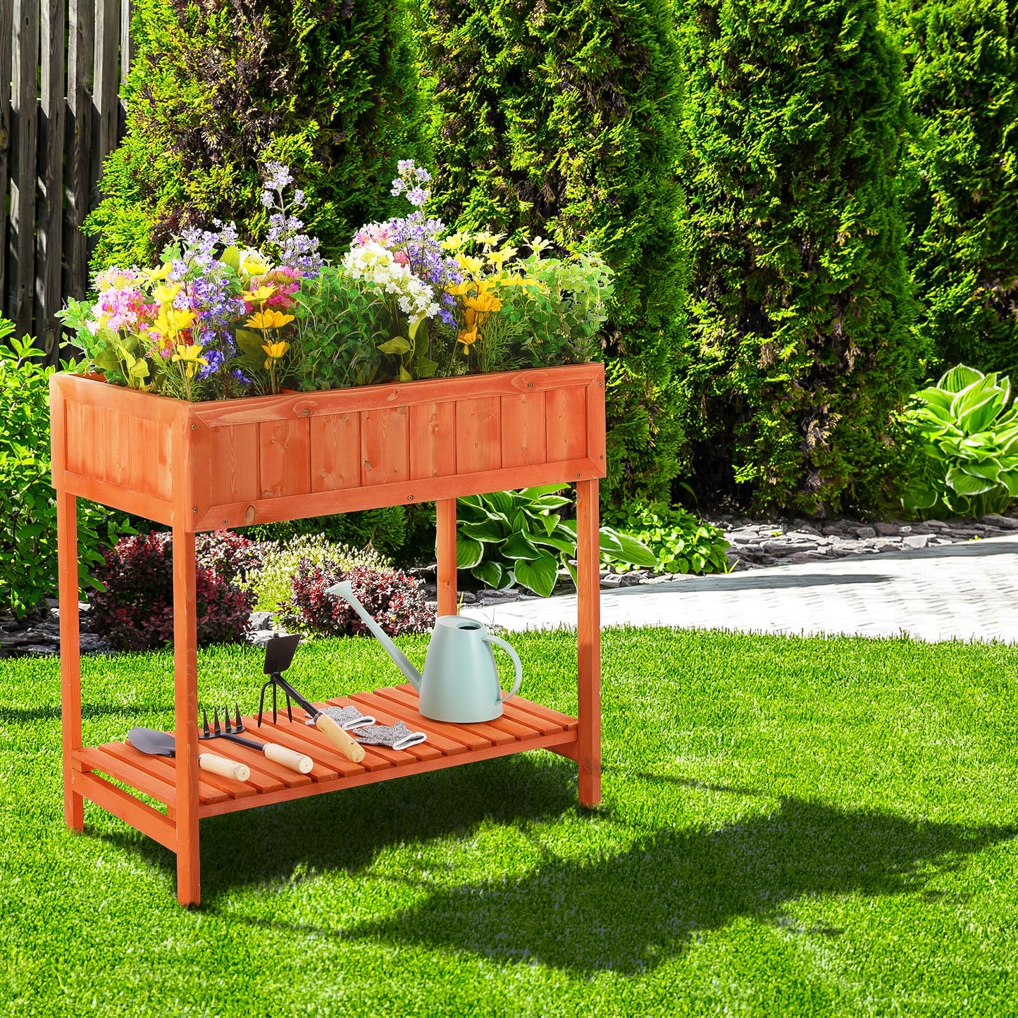 Arlopu Outdoor Raised Garden Bed, Elevated Wood Planter Box Stand with Storage Shelf