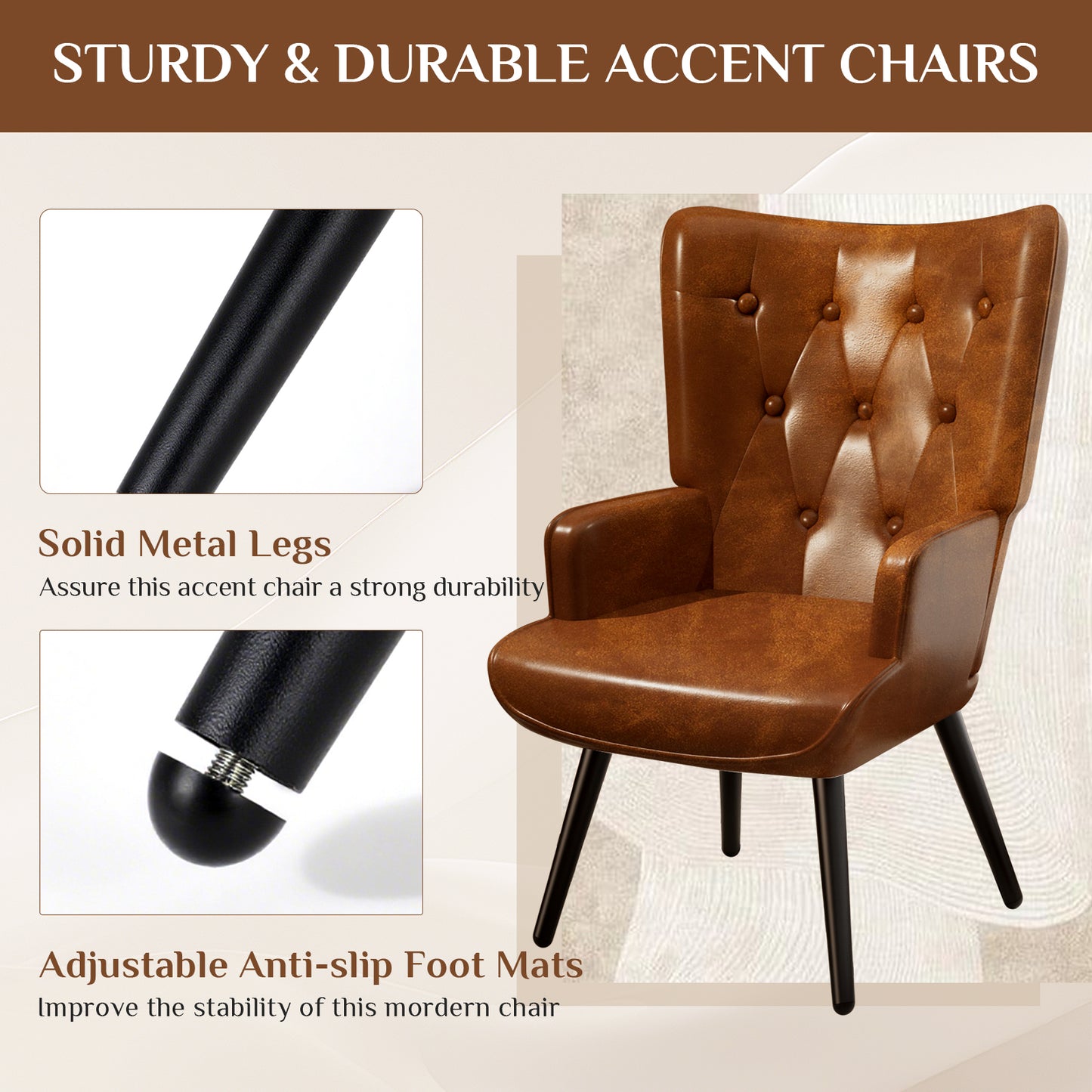 Arlopu 2pcs Accent Chairs, PU Leather Comfy Upholstered Armchair, High Backrest Living Room Chair, Wingback Chair Mid Century Modern for Living Room/Vanity/Bedroom, Brown