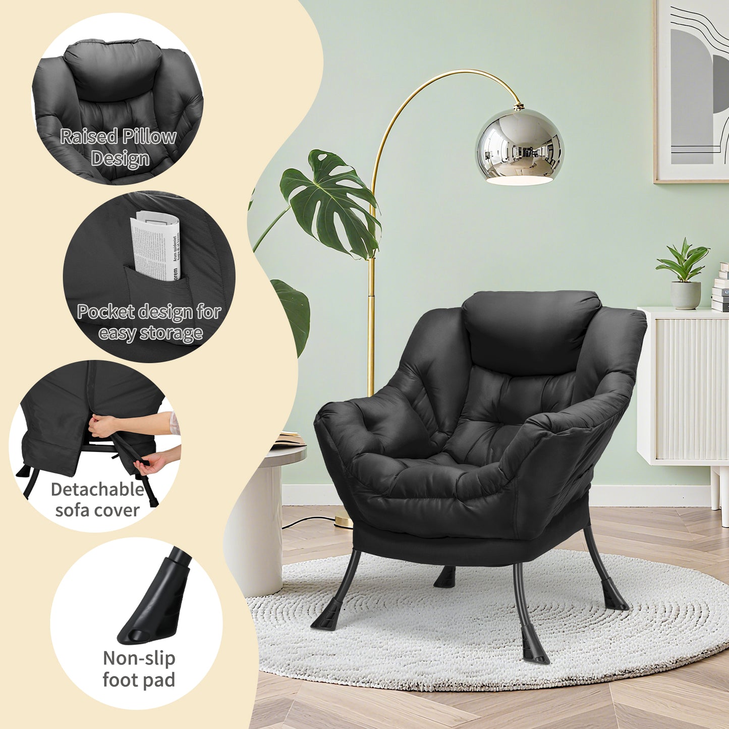 Arlopu Lazy Chair, Modern Lounge Reading Chair with Side Pocket, Upholstered Armchair for Living Room, Bedroom and Dorm